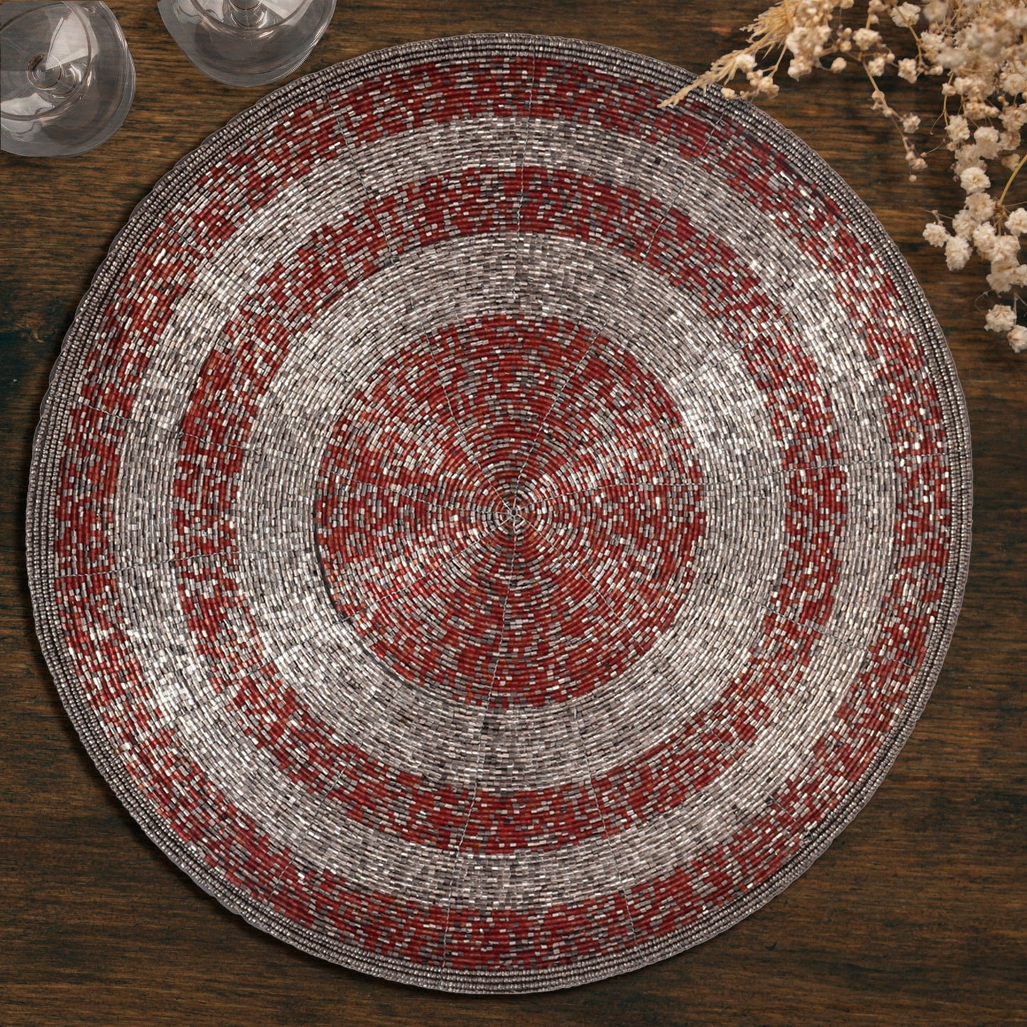 Beaded Placemats – Round Handmade Placemats with Embroidered Glass Beads | 14 Inch