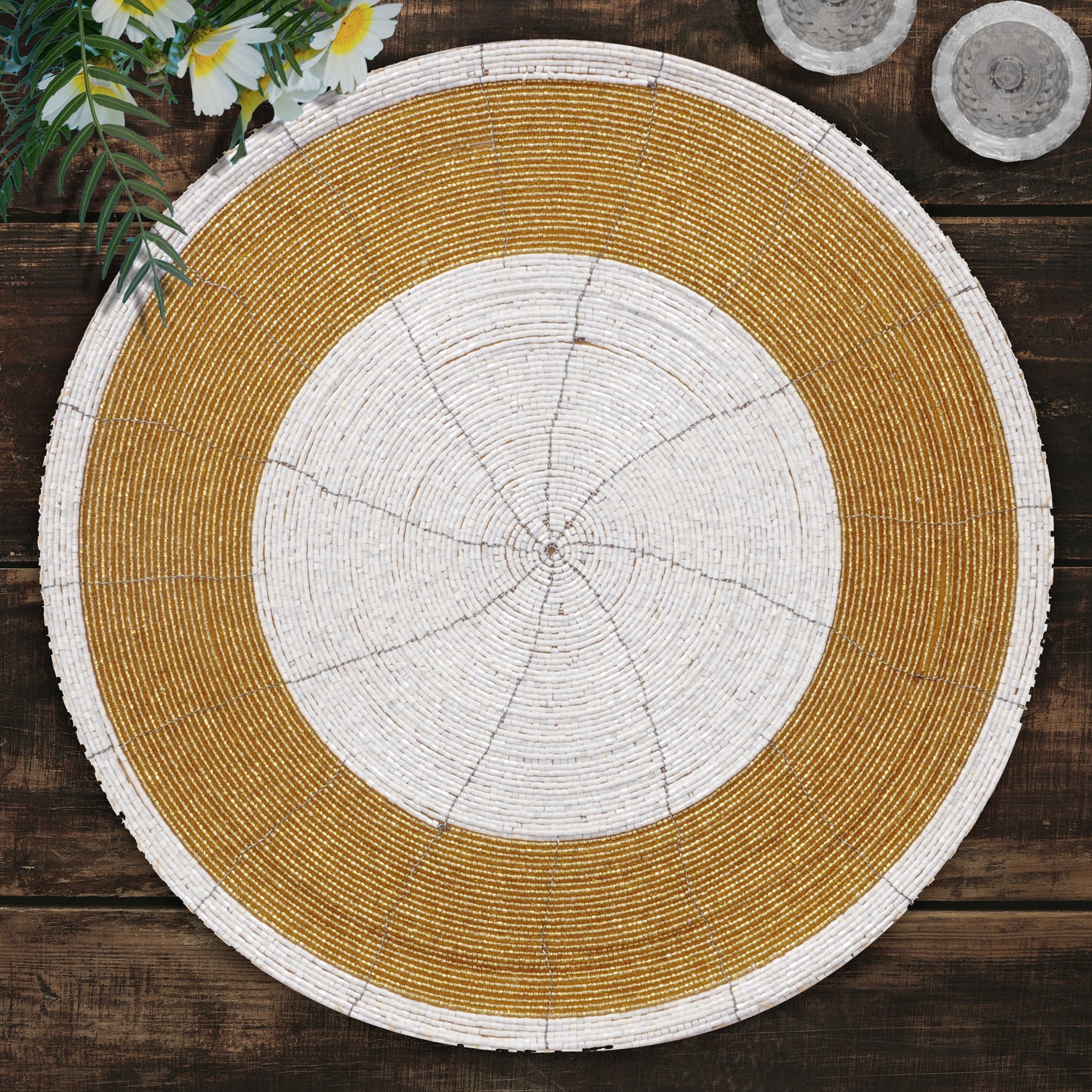 Beaded Placemats – Round Handmade Table Protector Mats with Glass Bead Embroidery, 14 Inch
