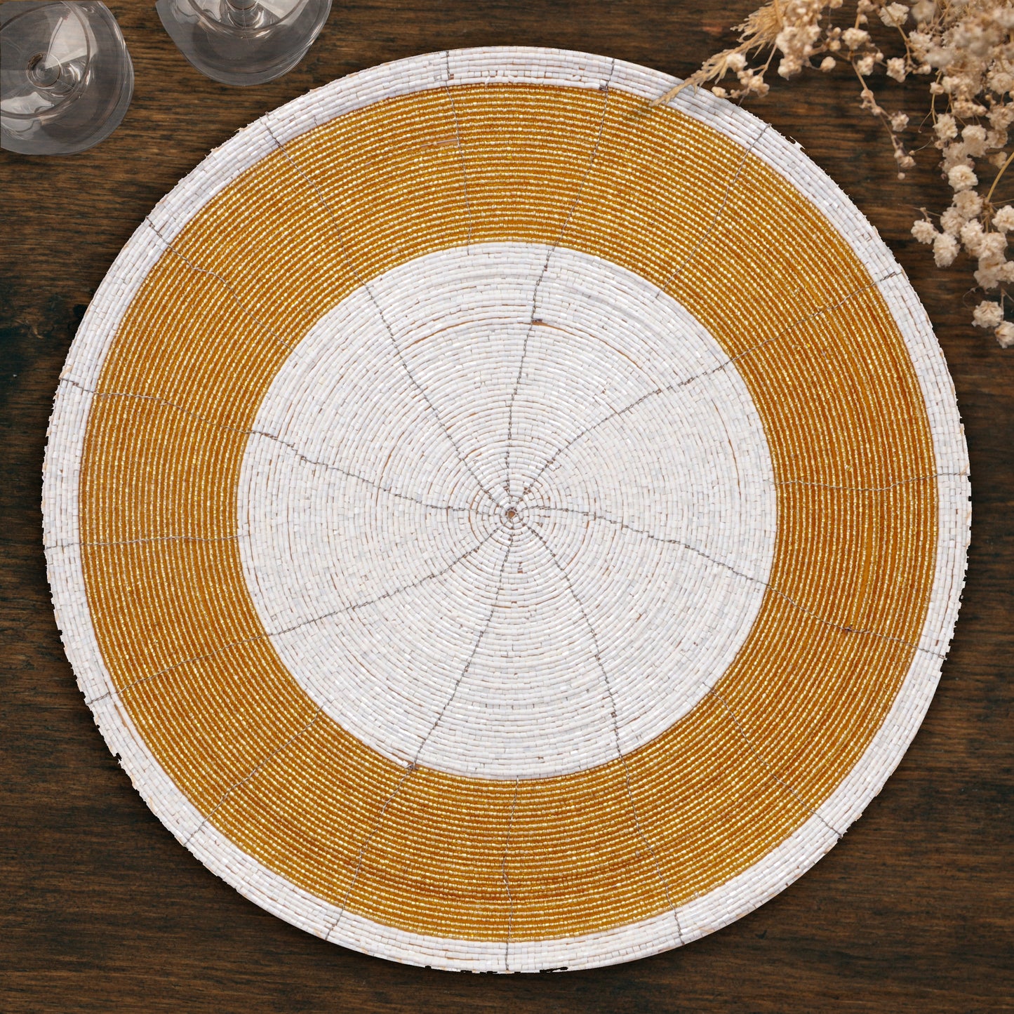 Beaded Placemats – Round Handmade Table Protector Mats with Glass Bead Embroidery, 14 Inch