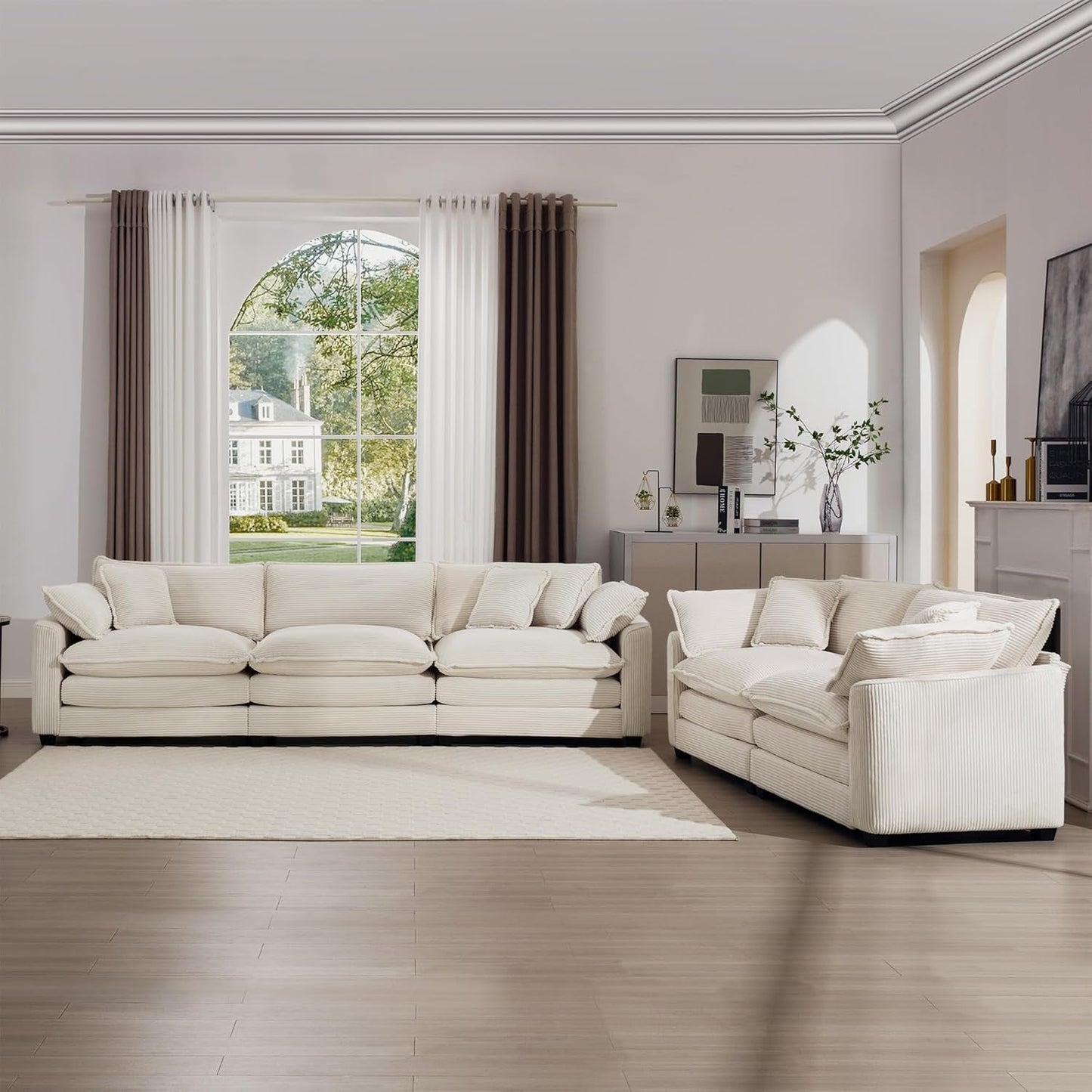 Oversized 2 Piece Sofa Set Beige 3 Seater And Loveseat