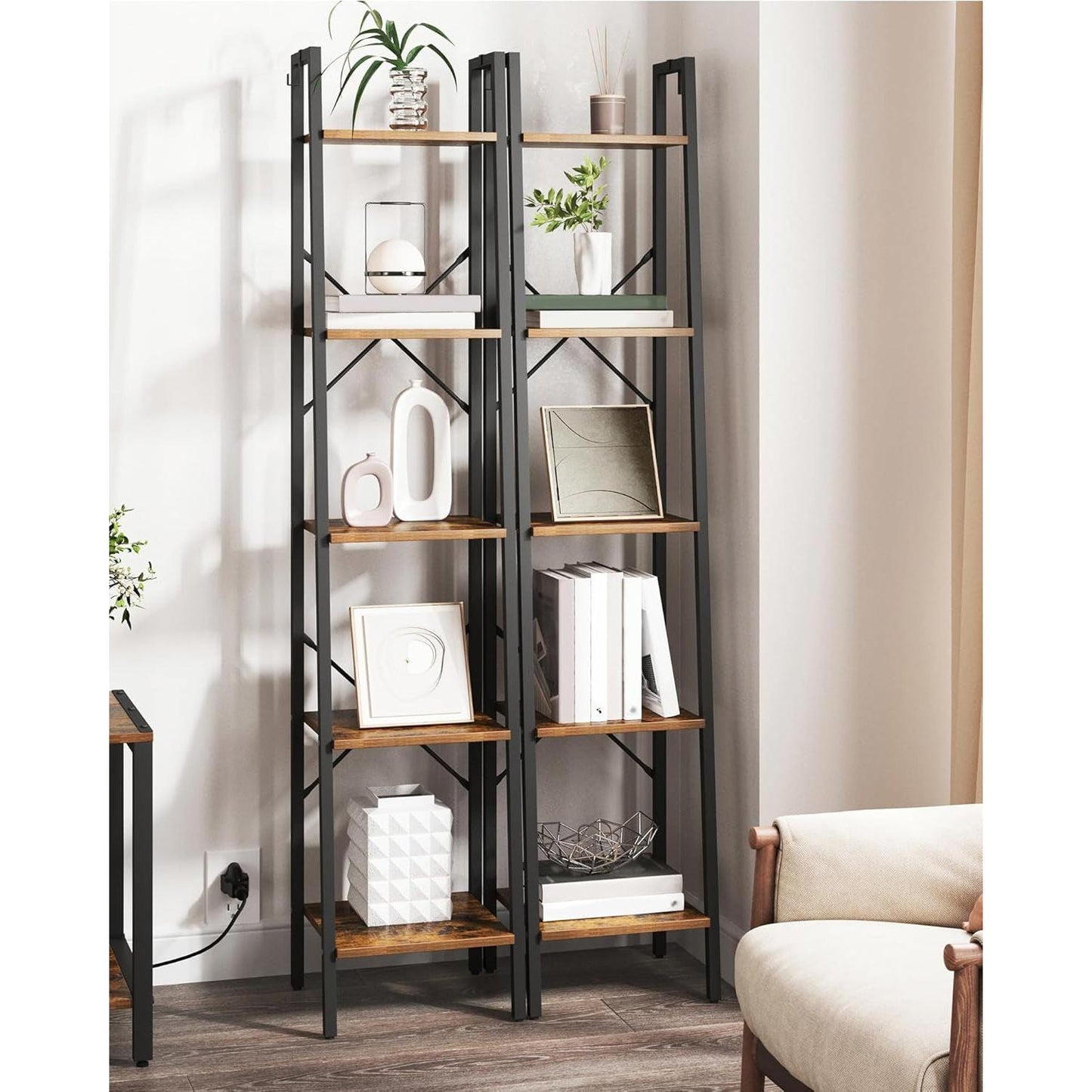 Ladder Shelf Bookcase 5 Tier Rustic Brown Freestanding
