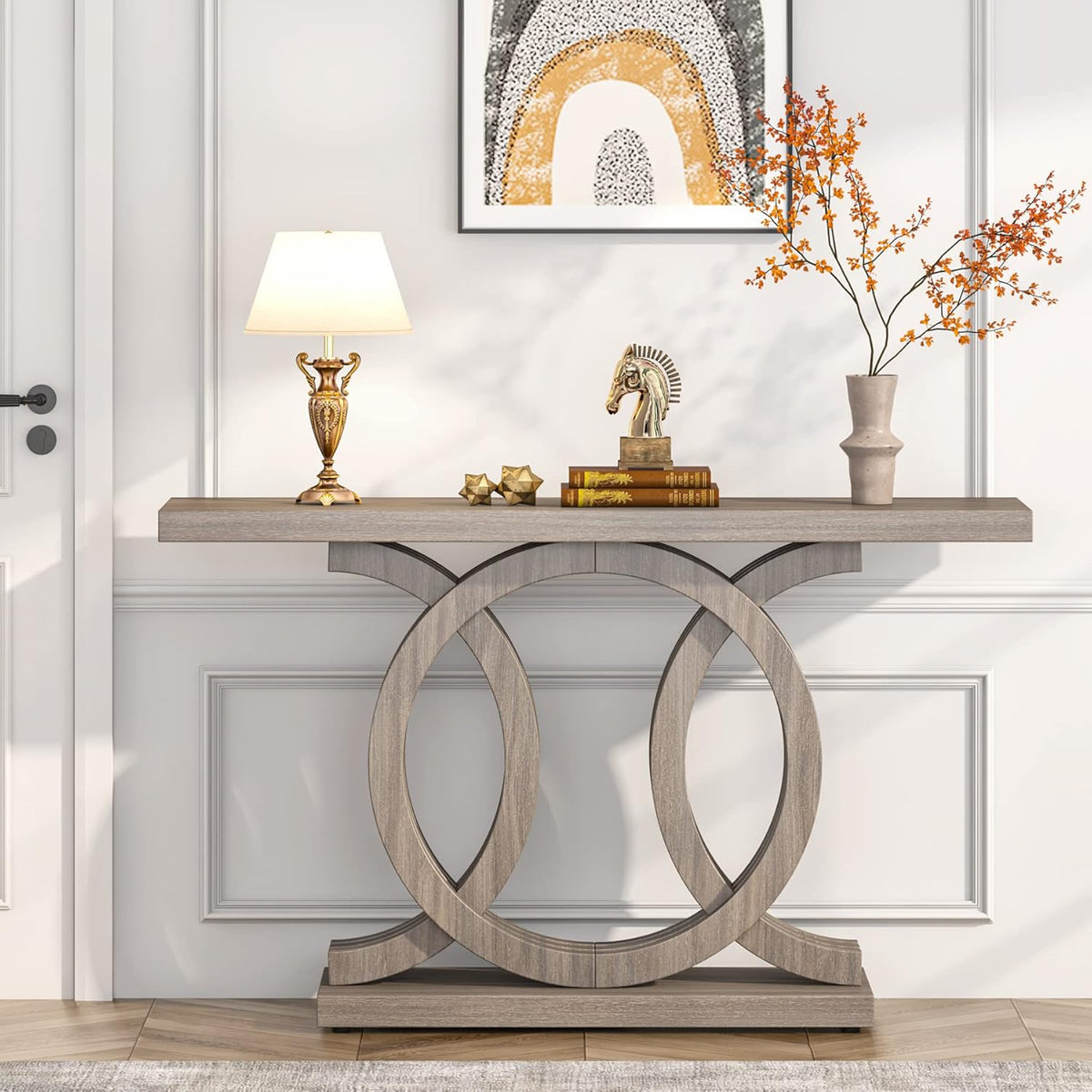 55” Farmhouse Console Table with Geometric Wooden Base