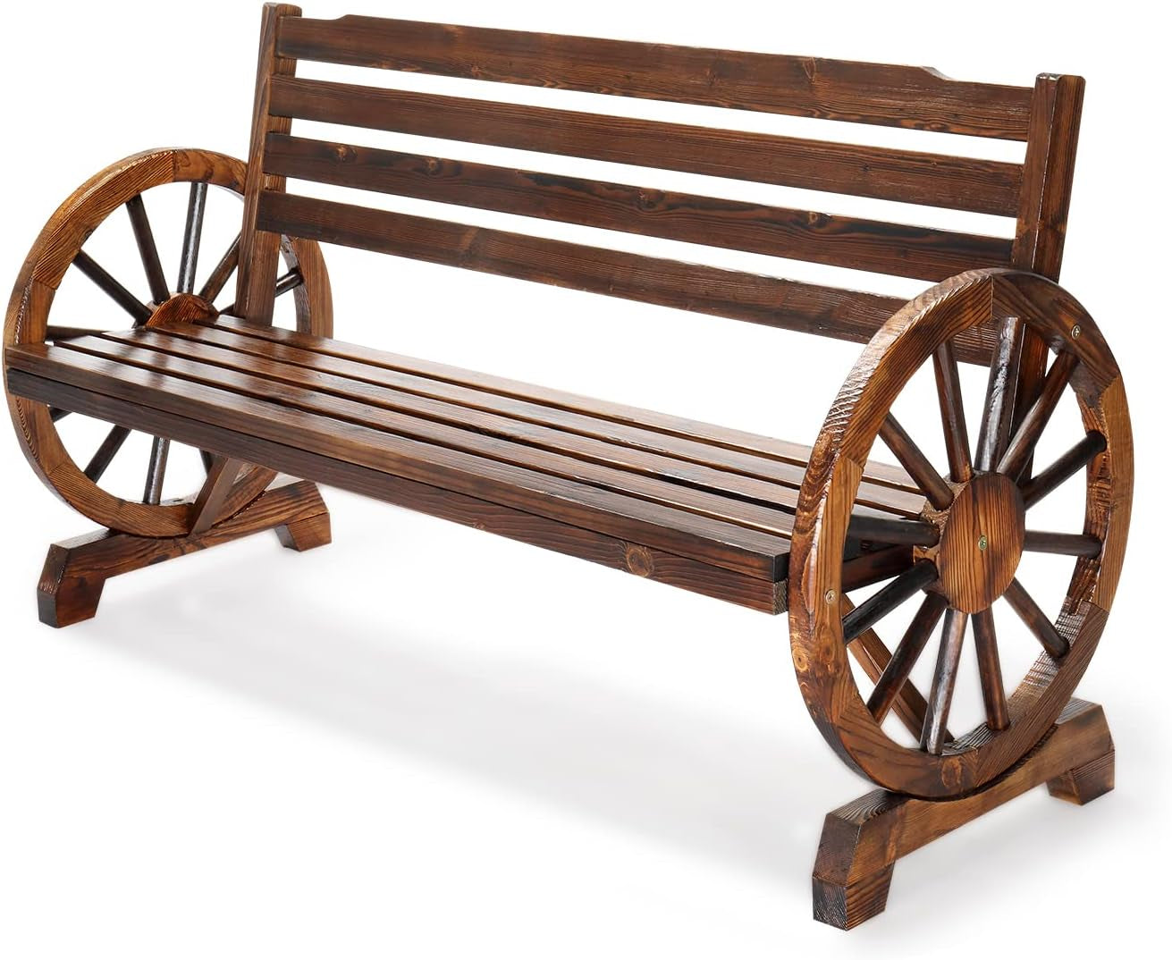 Rustic Wooden Garden Bench with Wagon Wheel Arms