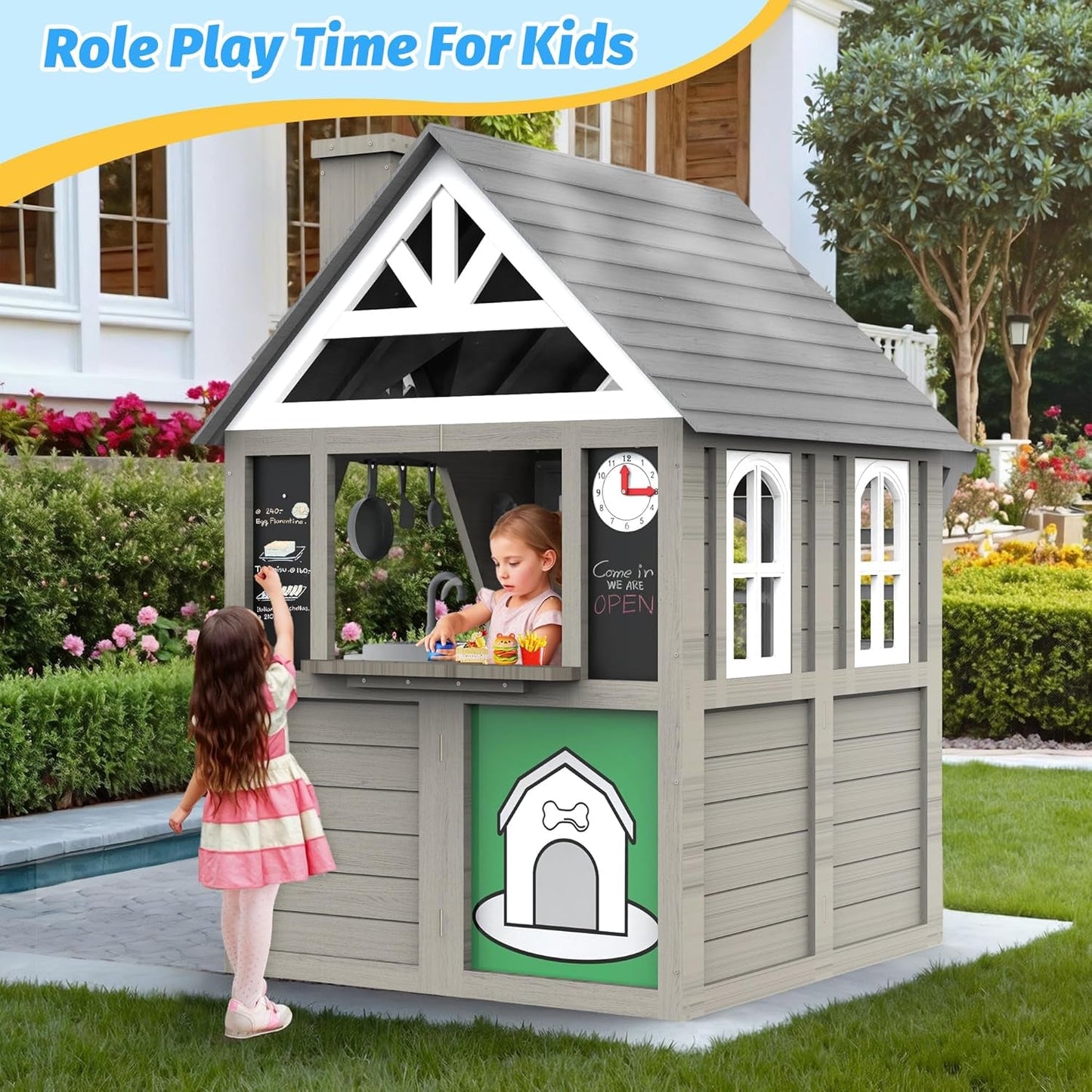 Kids Outdoor Playhouse Cedar Gray Weather Resistant