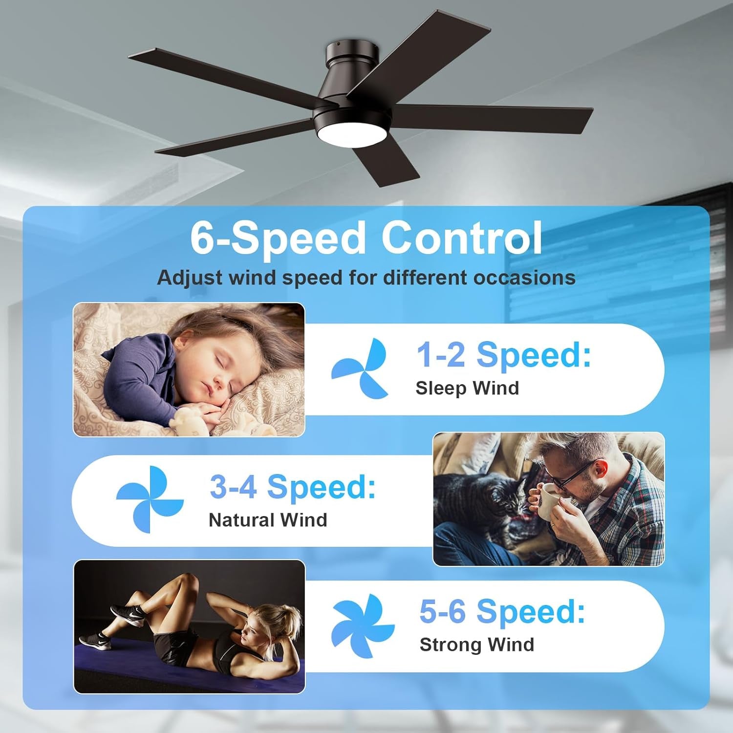 52 Inch Black Flush Mount Ceiling Fan With Dimmable Lights features 6-speed control with Sleep, Natural, and Strong wind settings.