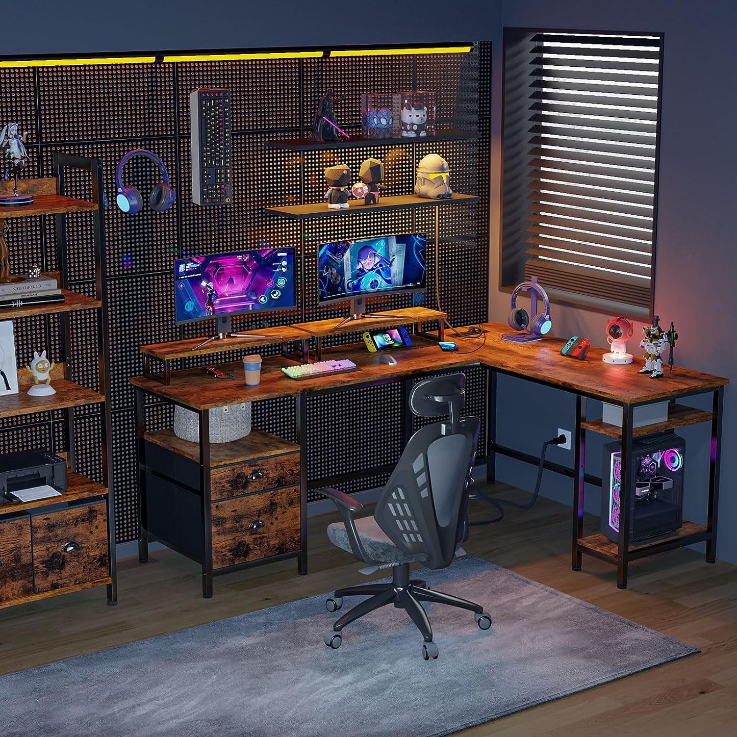 66 Inch Rustic Brown L Shaped Desk With Power Outlet