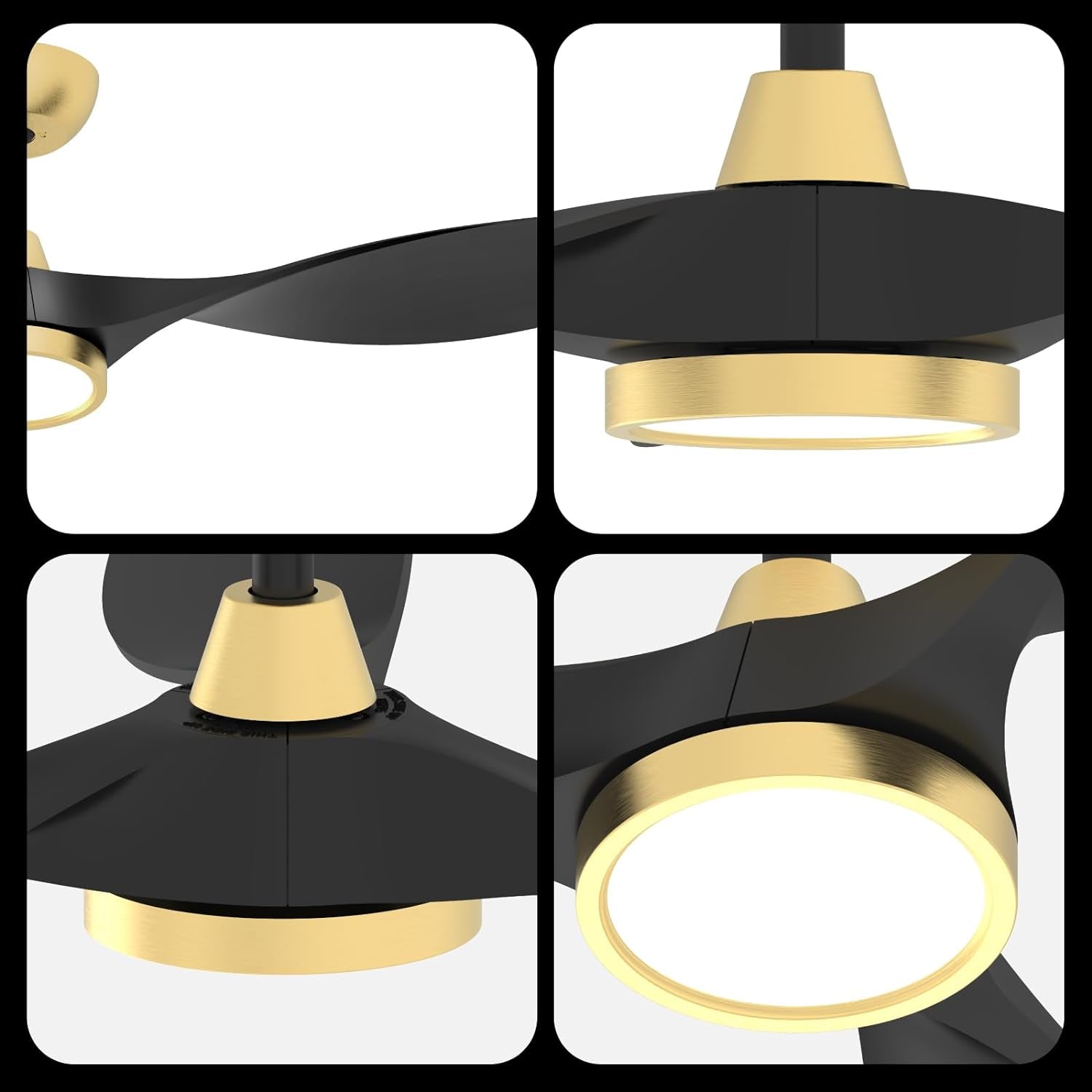 Close-up views of the 52 Inch Black Gold Indoor Ceiling Fan With LED Light showcasing its elegant design and LED features.