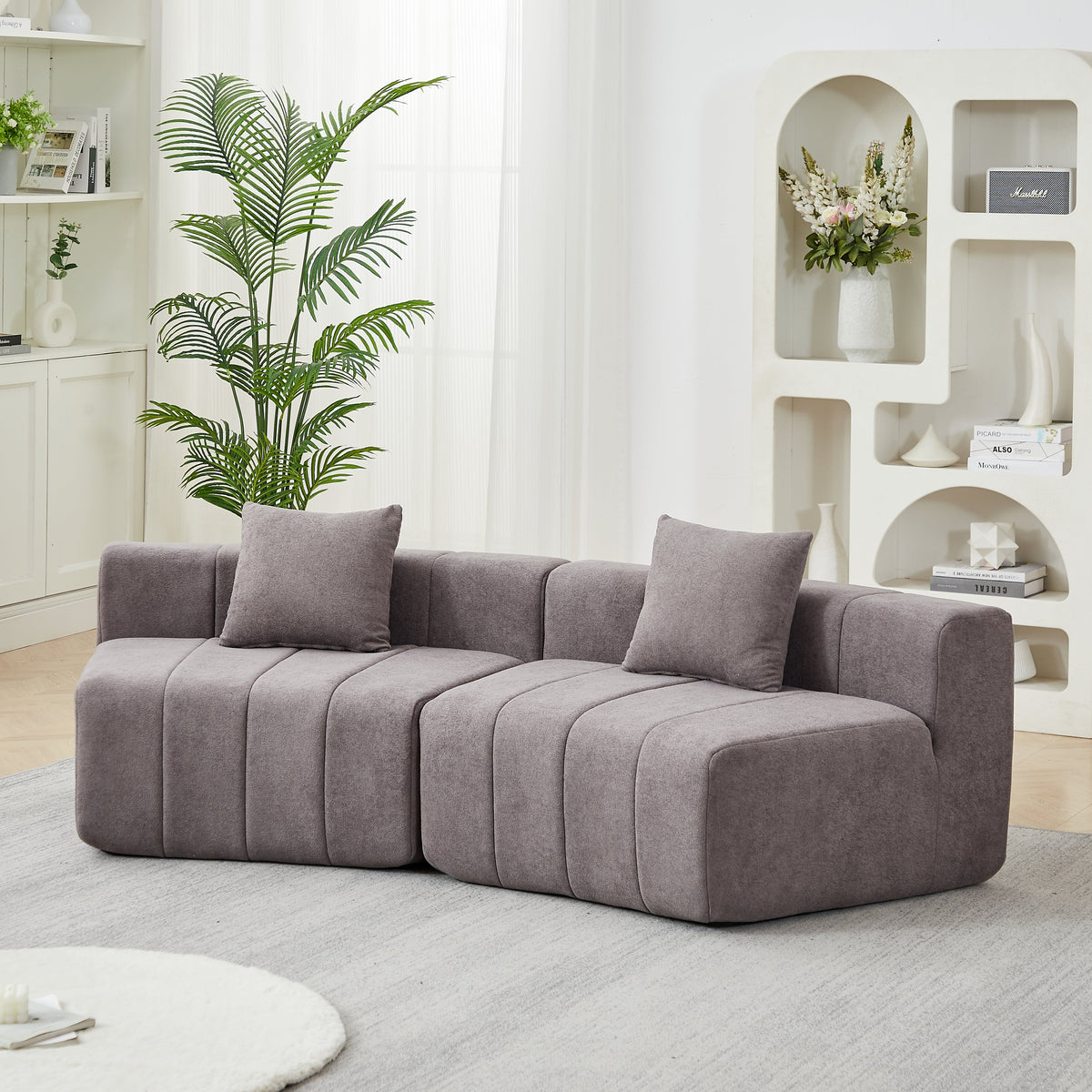 Chenille Curved Sectional Sofa with 2 Pillows