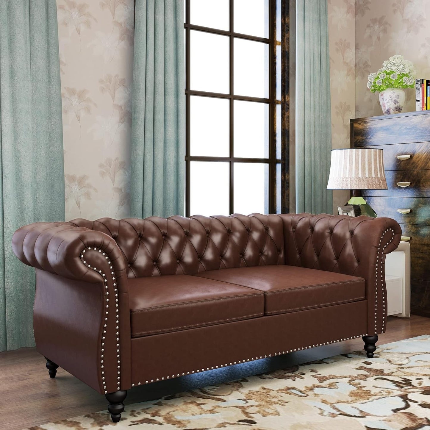 Two Piece Living Room Set Chesterfield Leather Sofa And Chair With Scroll Arms In Dark Brown