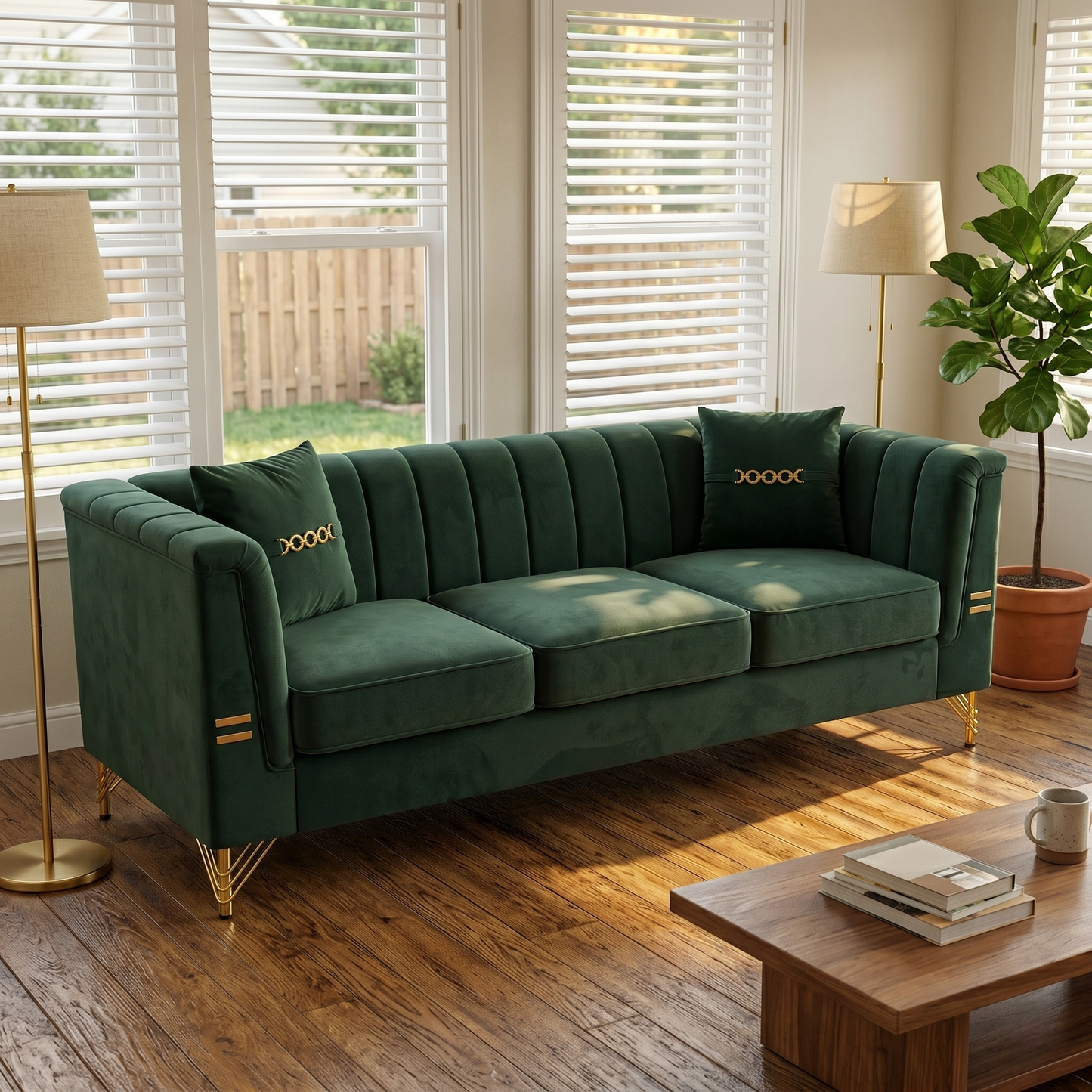 FX-P82-GR3 Modern Velvet 3-Seater Chesterfield Style Sofa