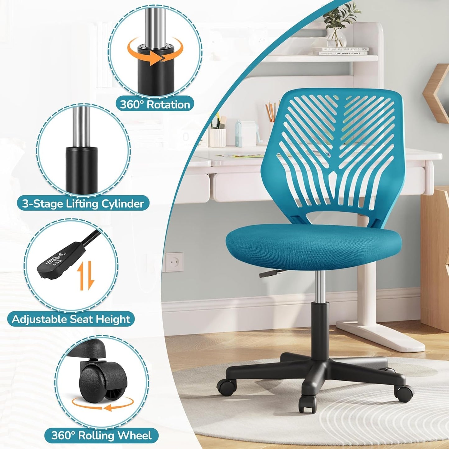 Turquoise Low Back Desk Chair With Lumbar Support And Adjustable Height