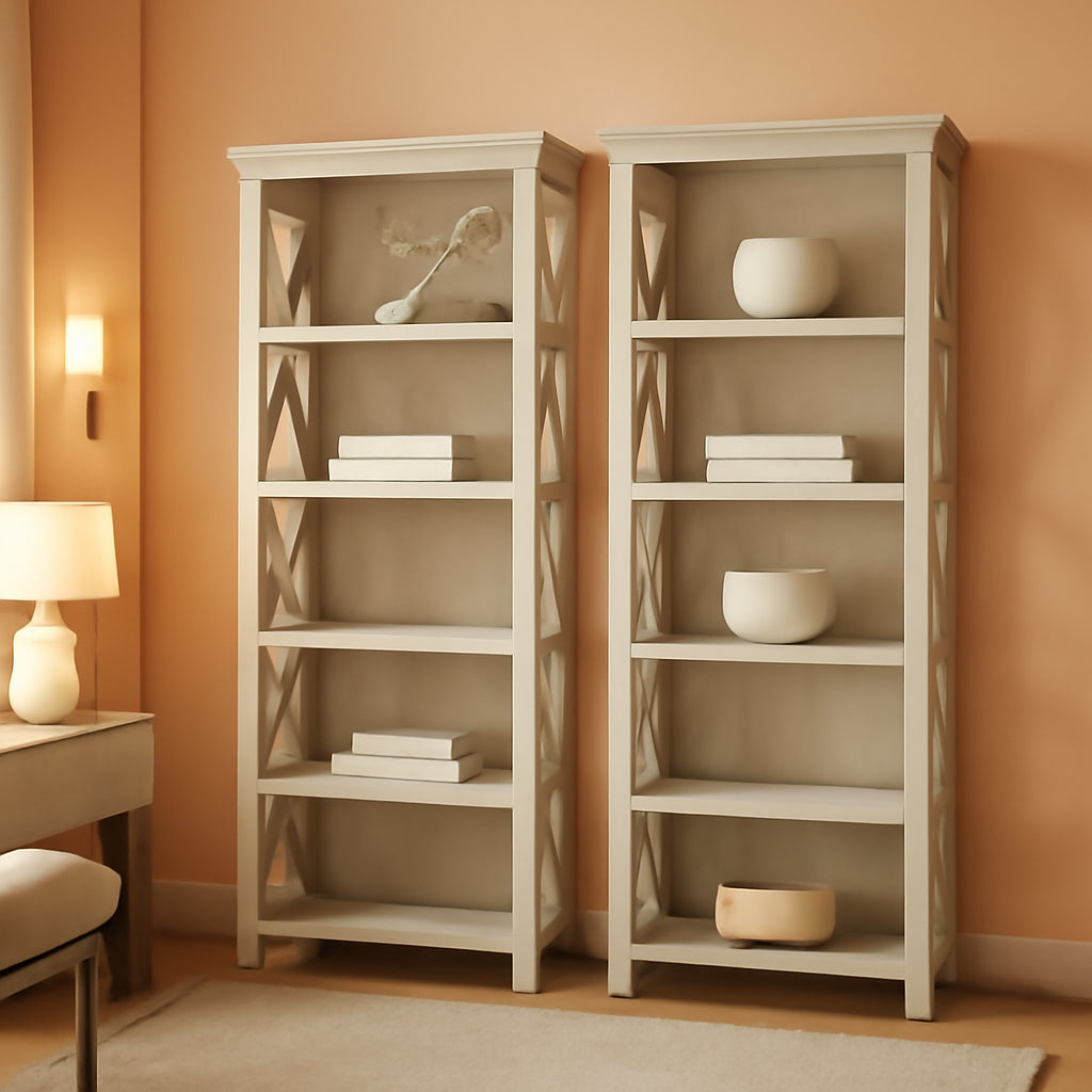 Linen White Oak 5 Shelf Bookcase Set 2 Tall 66H 32W 13D