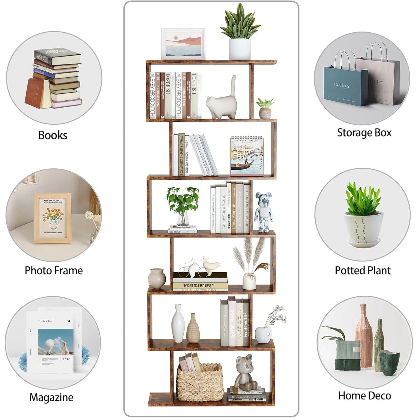 Geometric Bookcase 6 Tier S Shaped Rustic Brown Wood Shelf