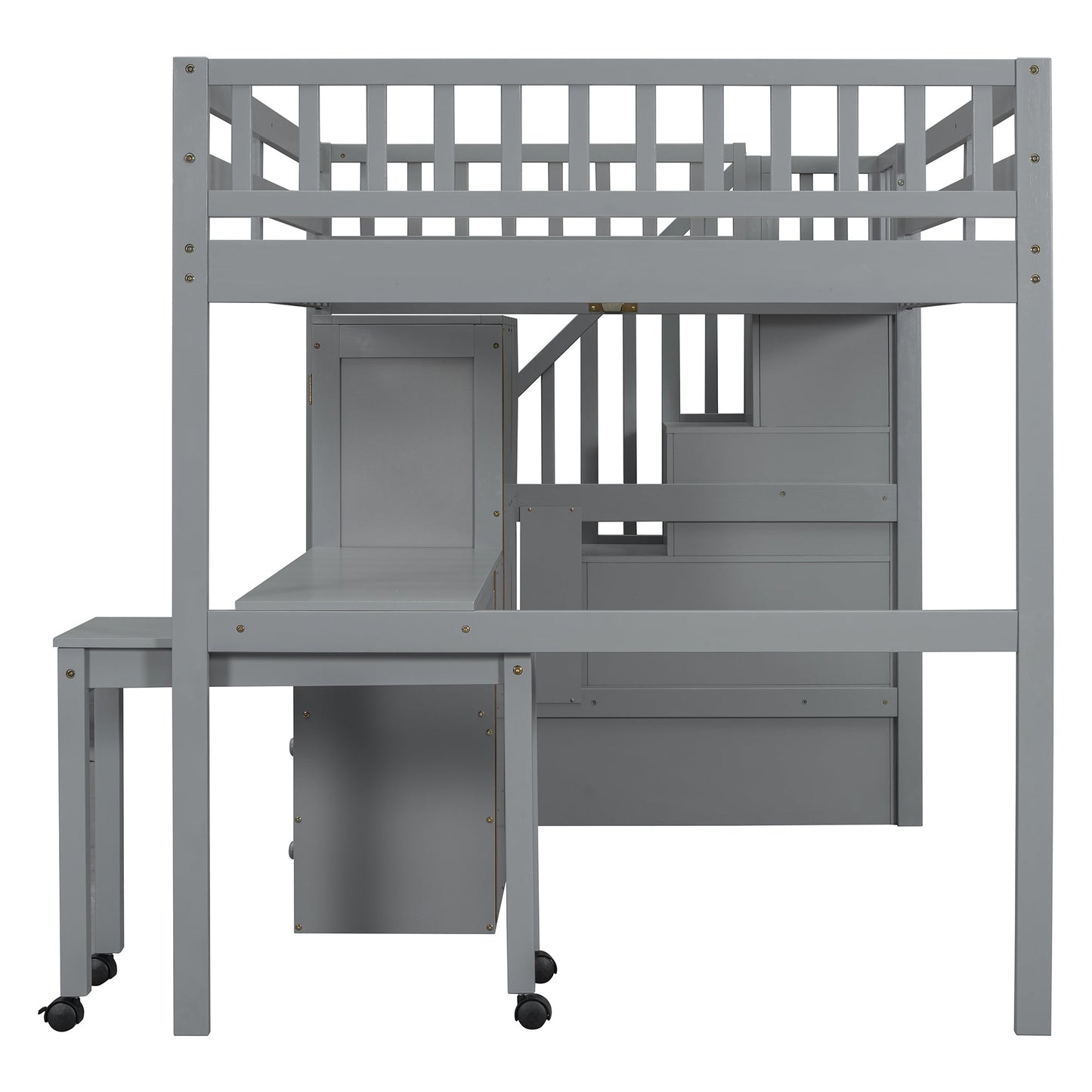Full Size Loft Bed with Stairs, Bookshelf, Drawers, Desk & Wardrobe – Space-Saving Multifunctional Furniture for Kids & Teens-Gray