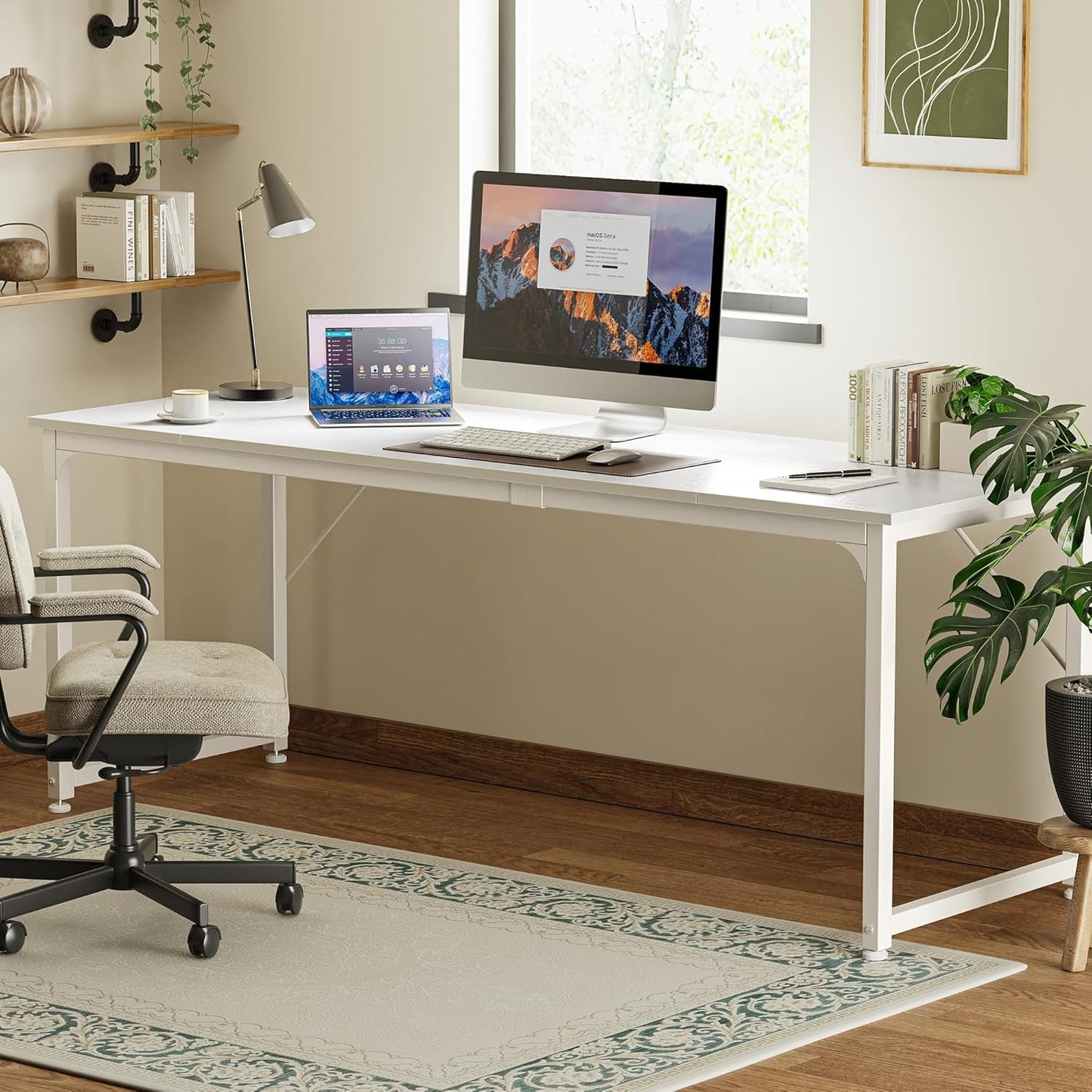 80 Inch White Computer Desk With Storage Metal Frame