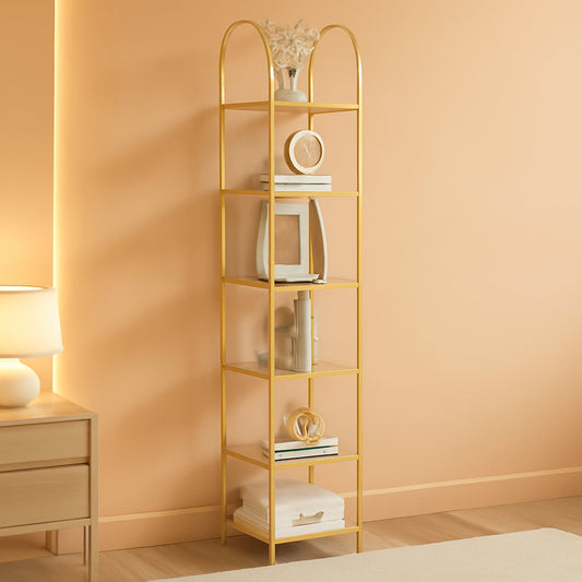 Bookcase Bookshelf 6 Tier Gold Tempered Glass Arched Top