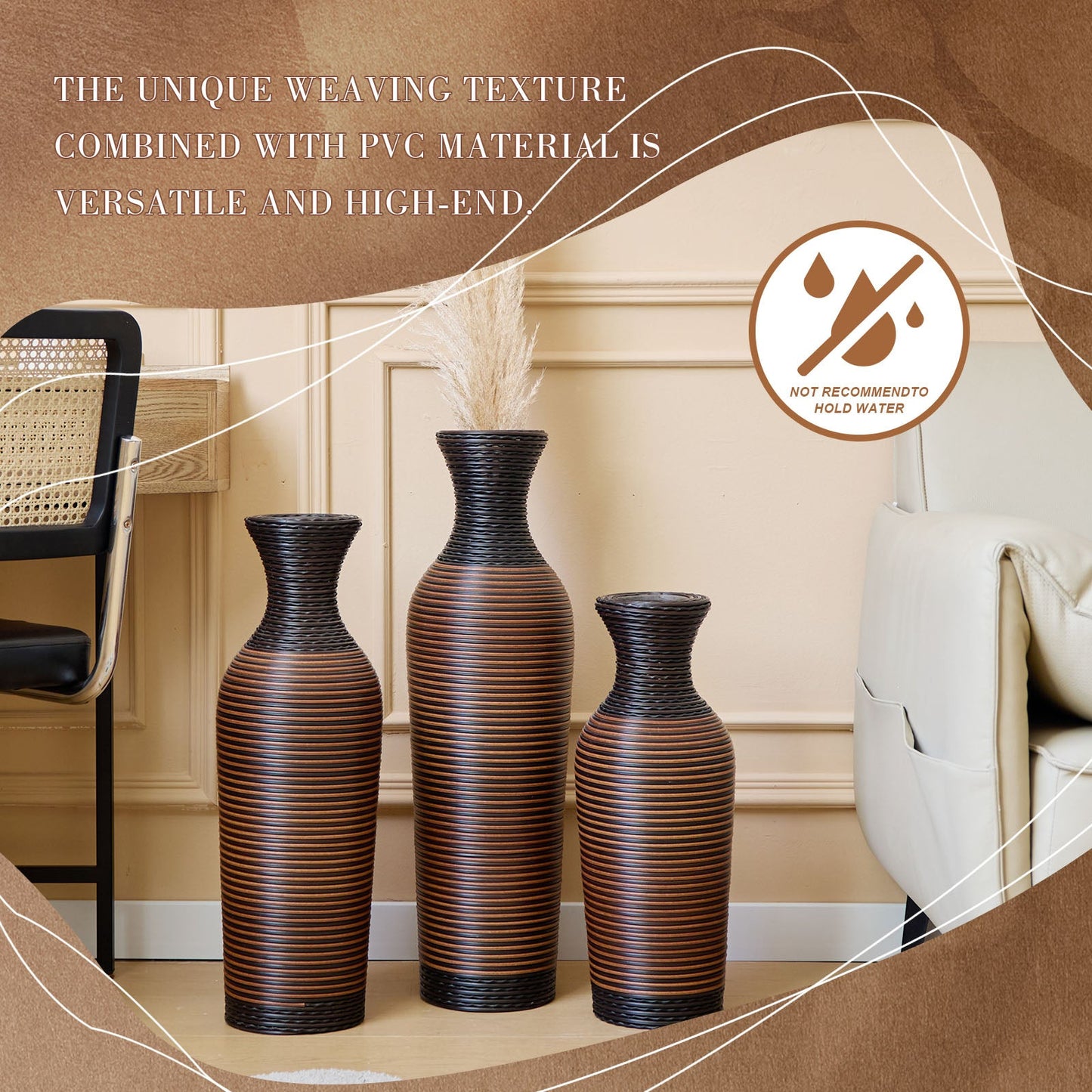 Hand-Woven PVC Rattan Vases, Set of 3