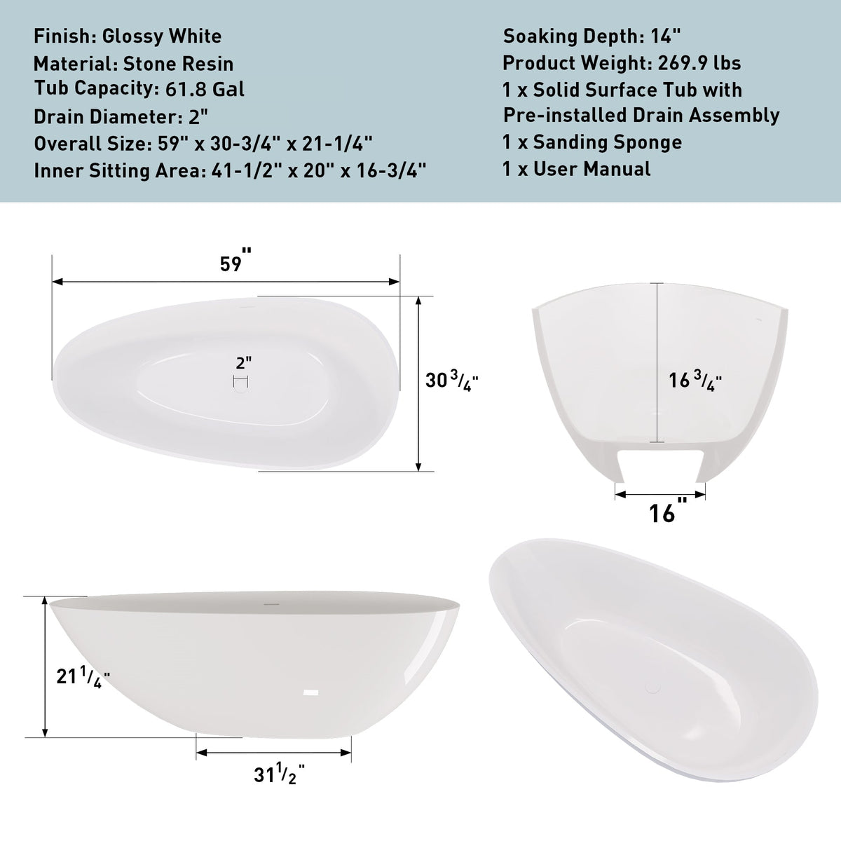 59" Freestanding Solid Surface Bathtub