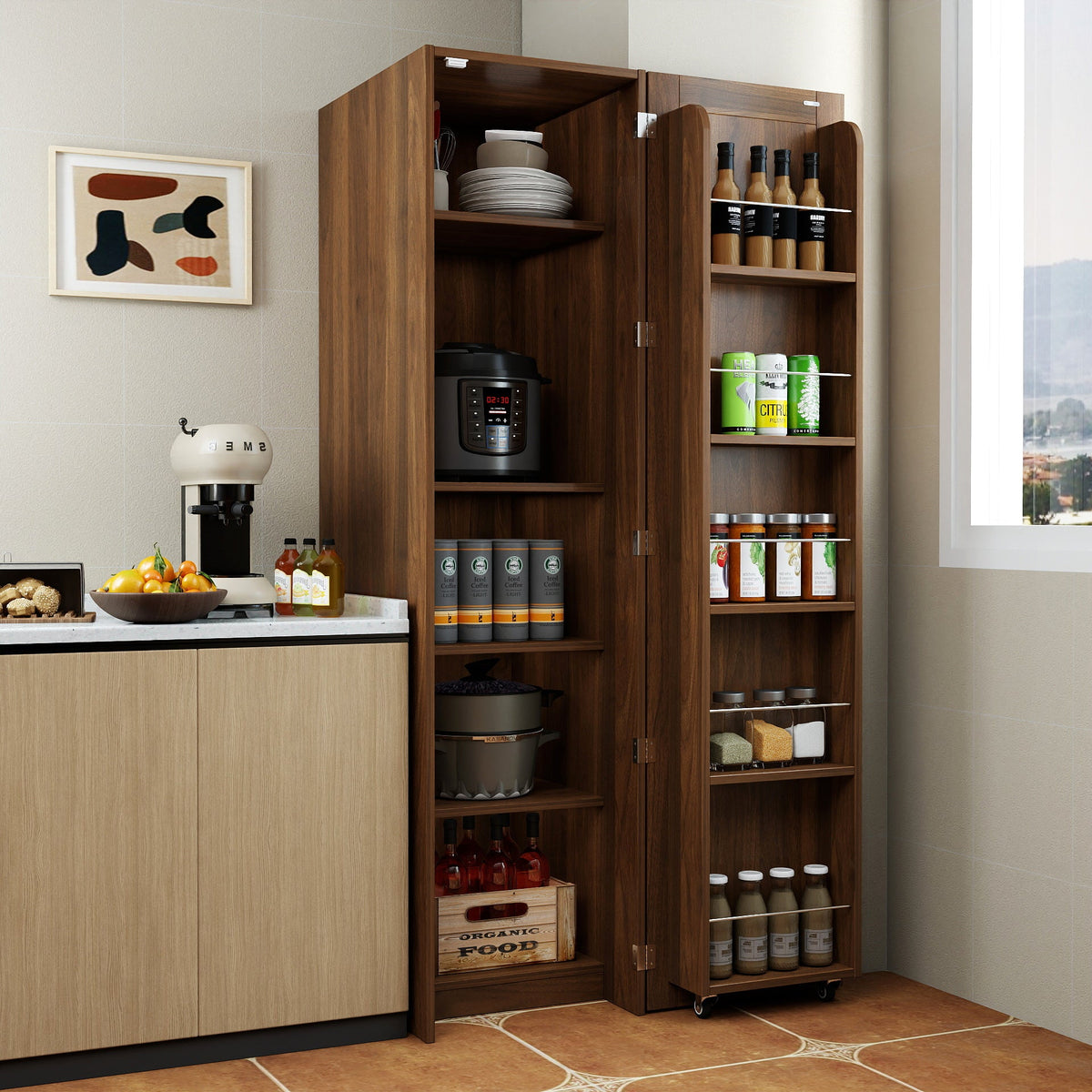 Brown Freestanding Buffet Cabinet with Doors & Shelves