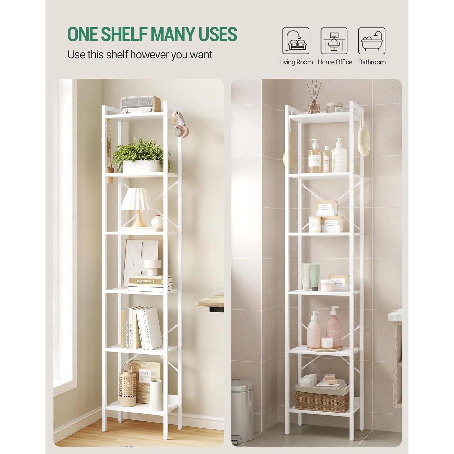 6 Tier White Industrial Bookshelf For Home Office Living Room