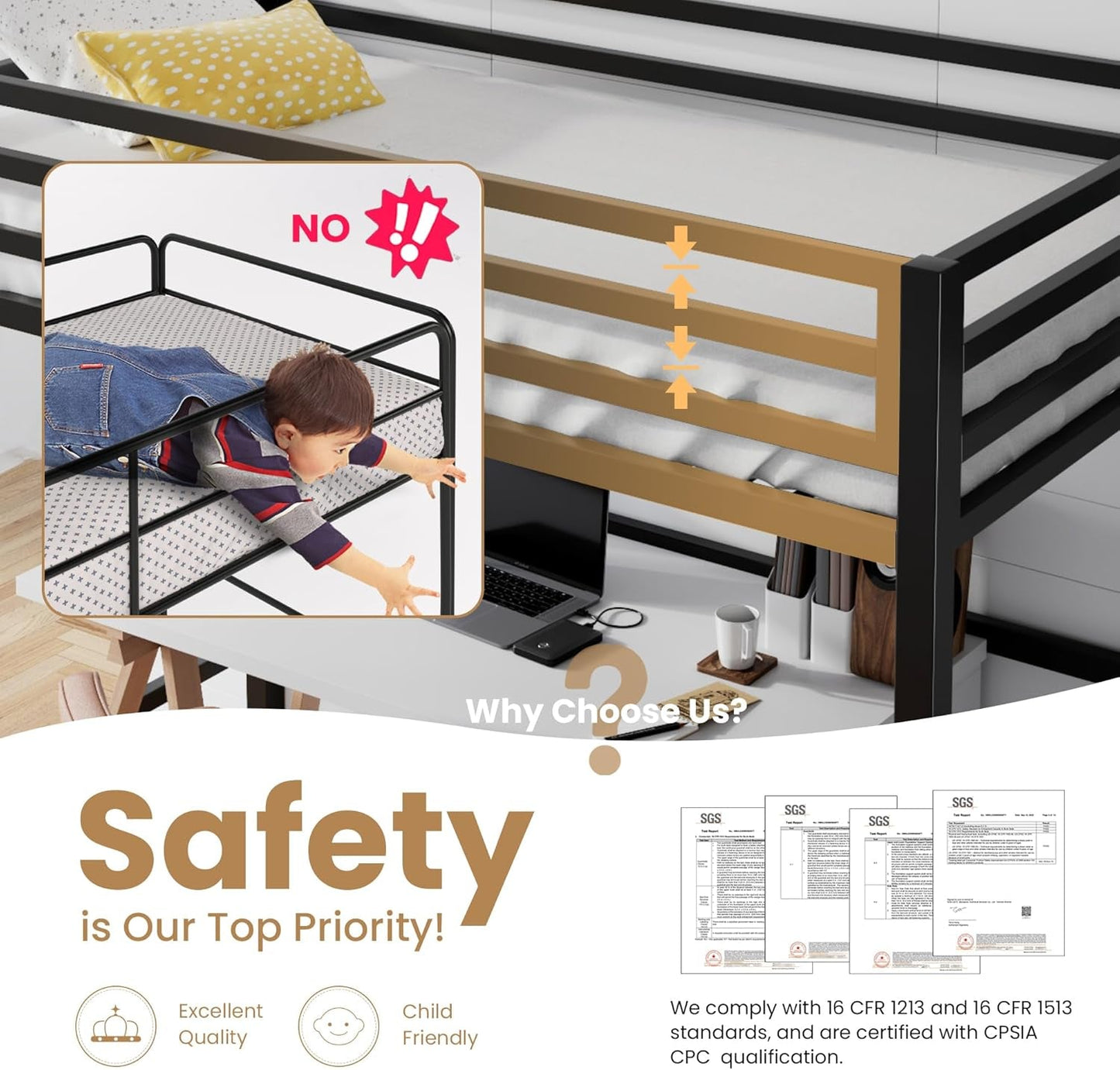 Loft Bed Twin Size Black With Ladder And Guardrail