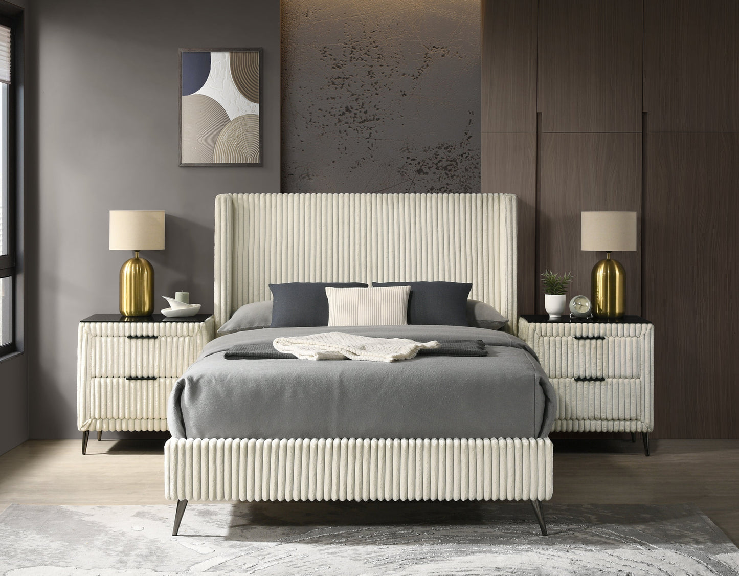 Mavela Wide Wale Corduroy Upholstery Panel Queen Bed with 2 Nightstands, Cream