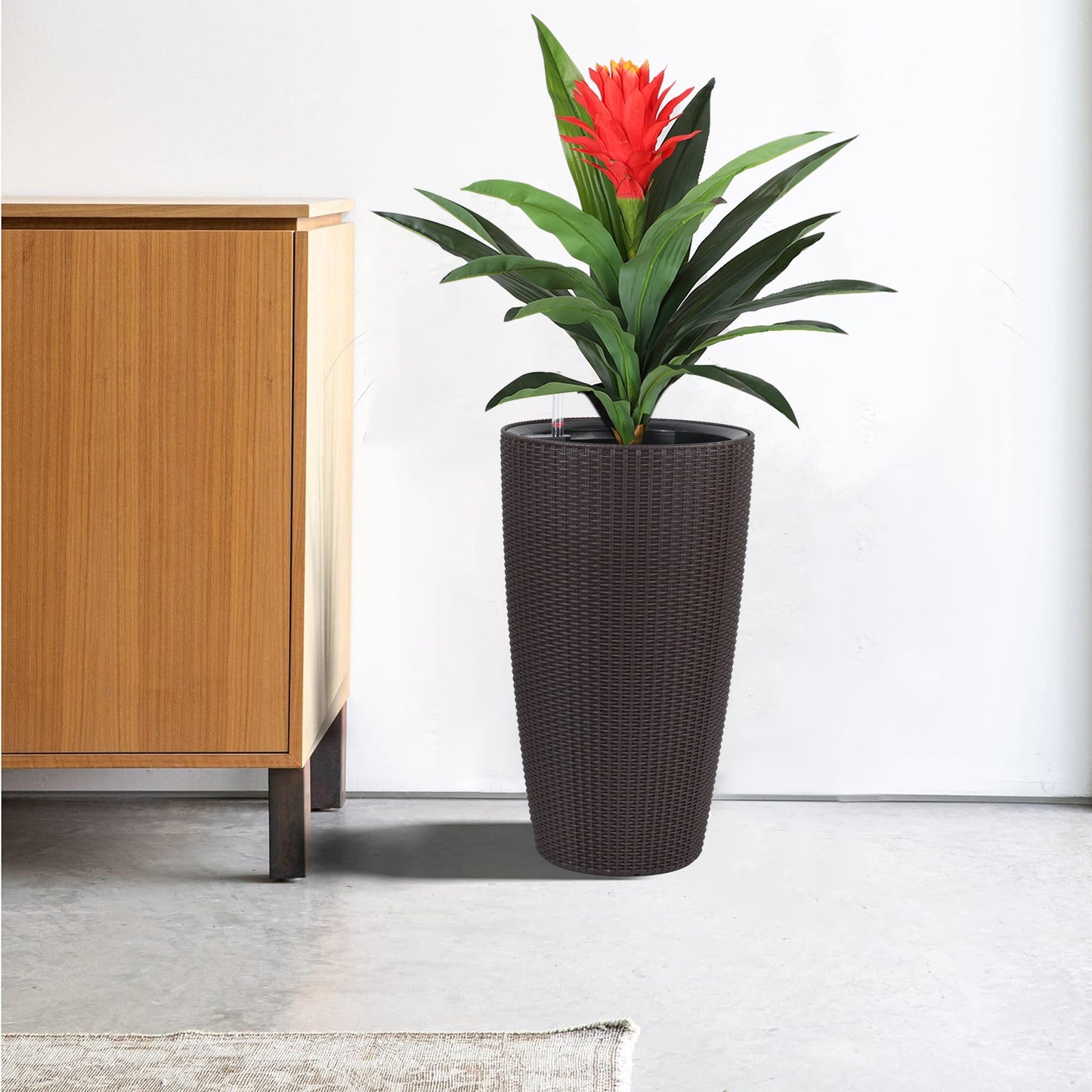 Set of 2 Faux Rattan Tall Planters with Automatic Watering