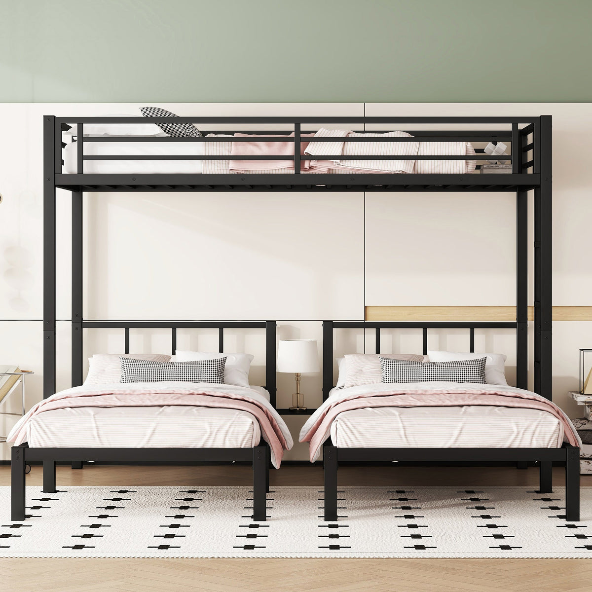 Metal Twin Over Twin & Twin Bunk Bed for 3
