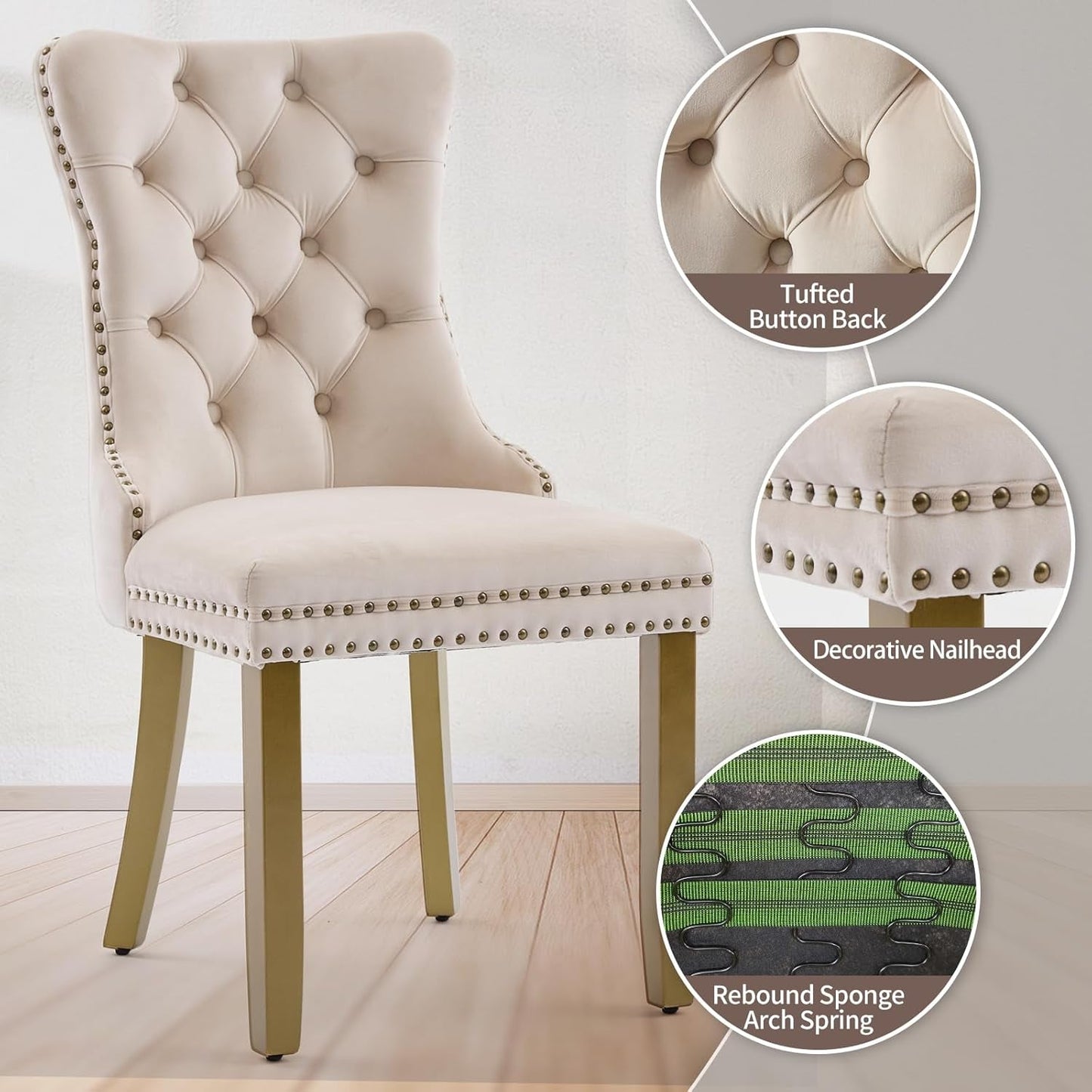 Beige Velvet Dining Chairs Set Of Four Wingback Button Tufted Dining Room Chairs