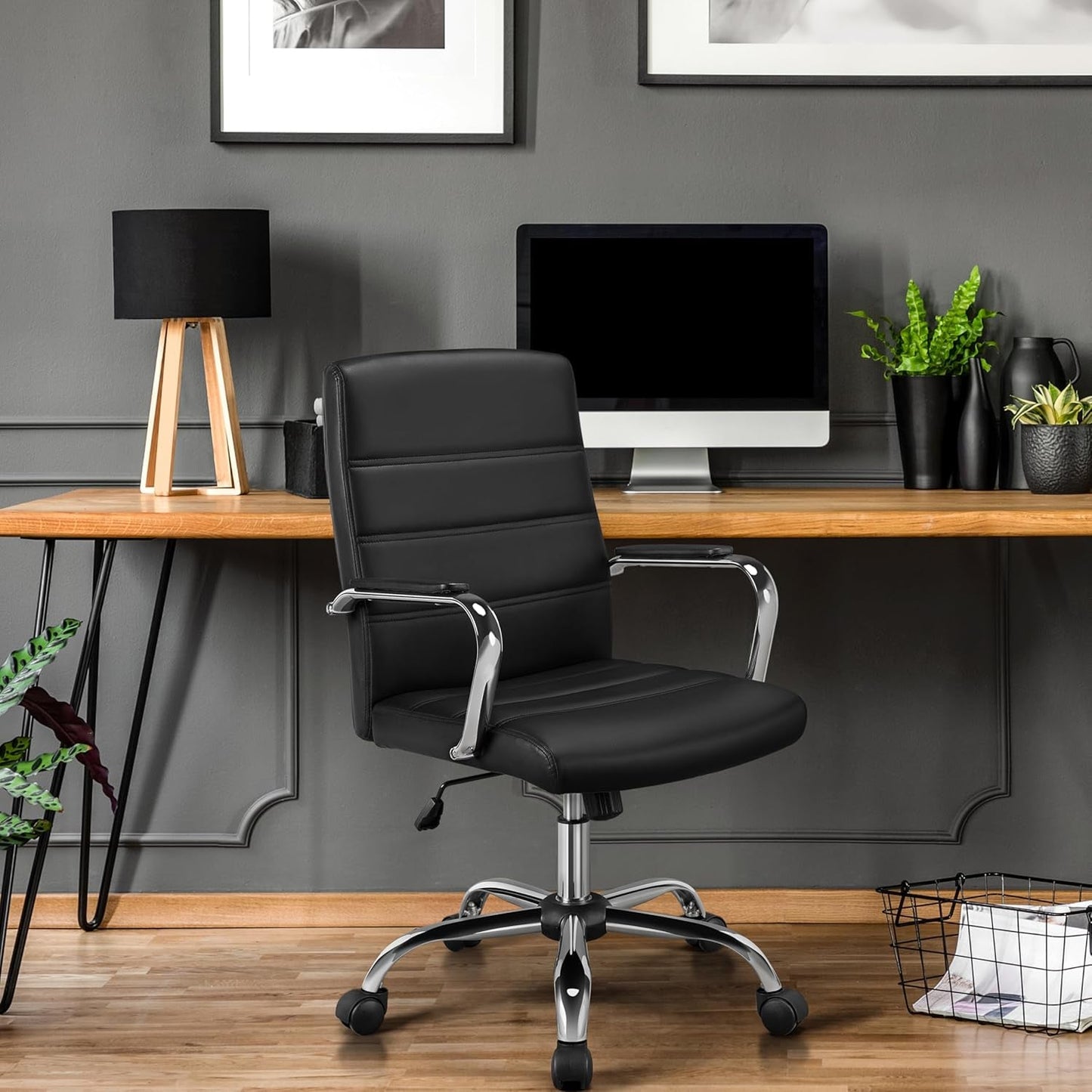 Ergonomic Mid Back Office Chair Black PU Leather With Lumbar Support