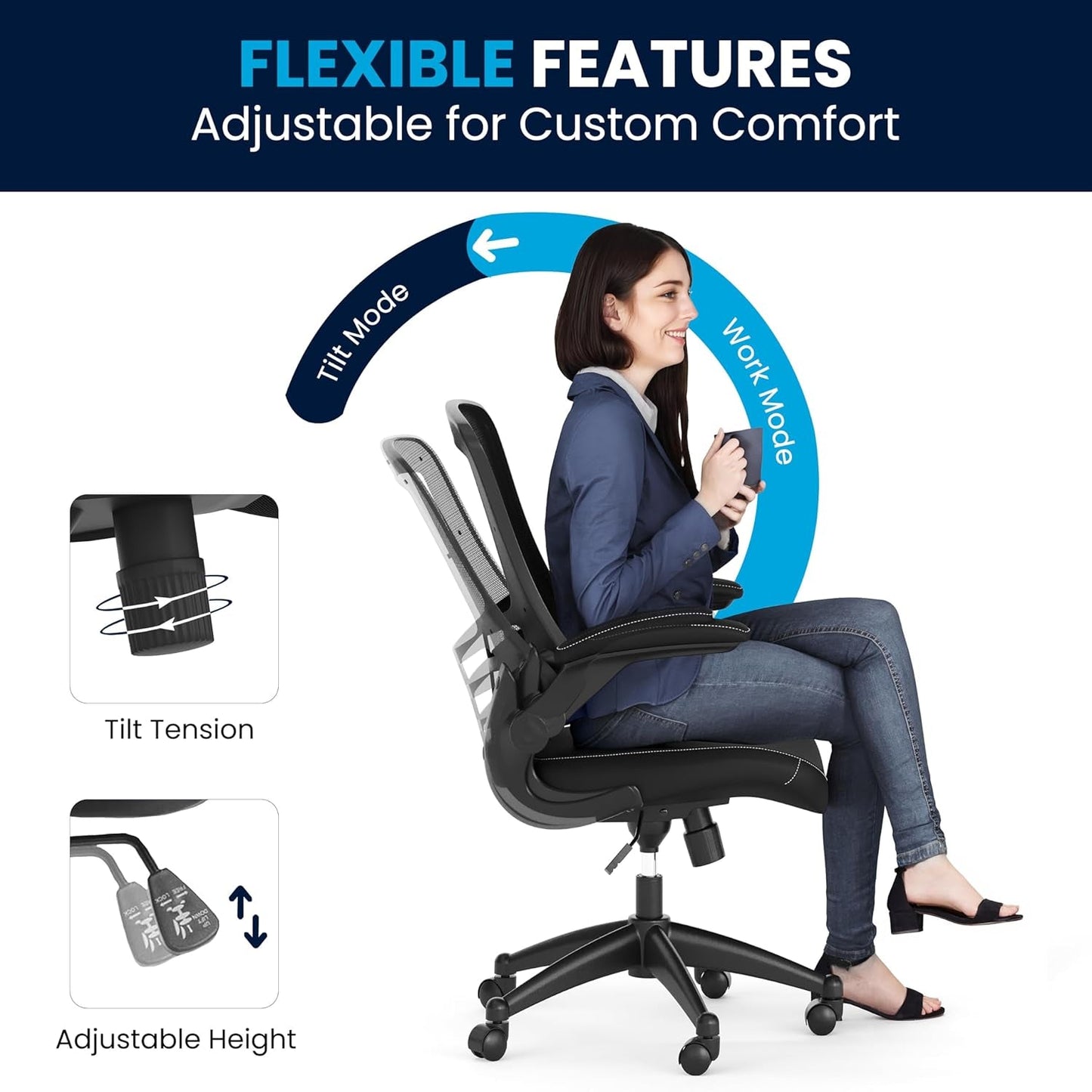Kelista Mid-Back Ergonomic Office Chair With Adjustable Height, Black