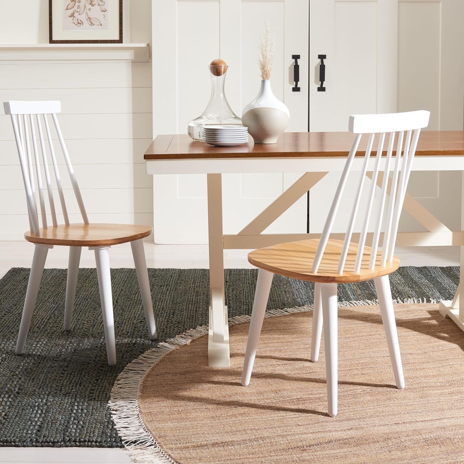 Farmhouse Spindle Back Side Chair White Natural Dining Room with a wooden dining table and decorative accessories.