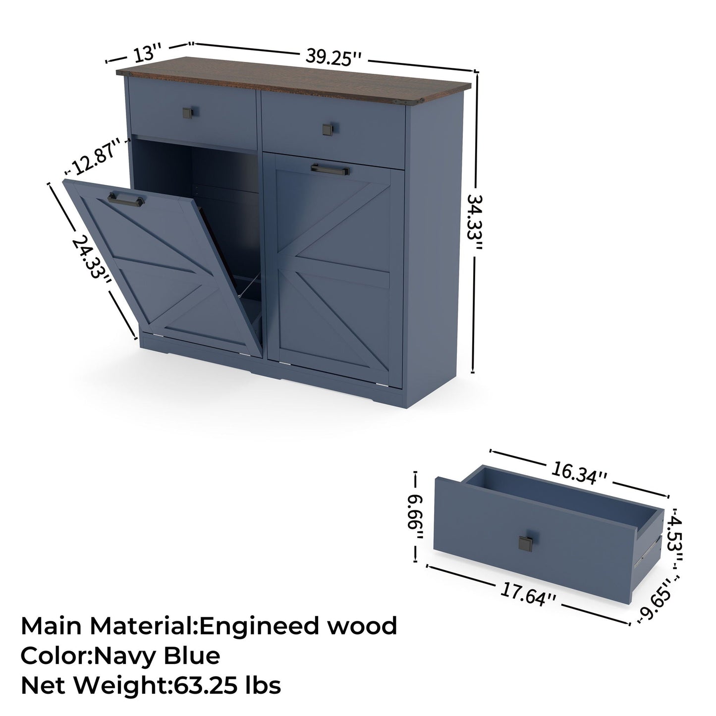 Double Tilt-Out Trash Cabinet With Hideaway Drawer and Barn Door Style