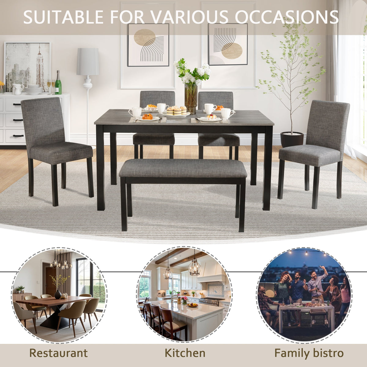 6-Piece Dining Table Set with Bench and Chairs
