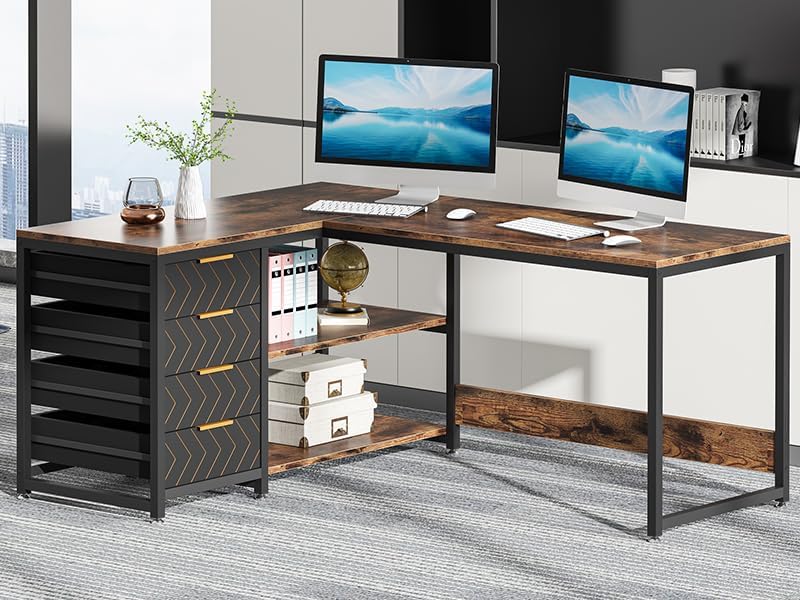 59” L-Shaped Computer Desk with Drawers and Storage Shelves