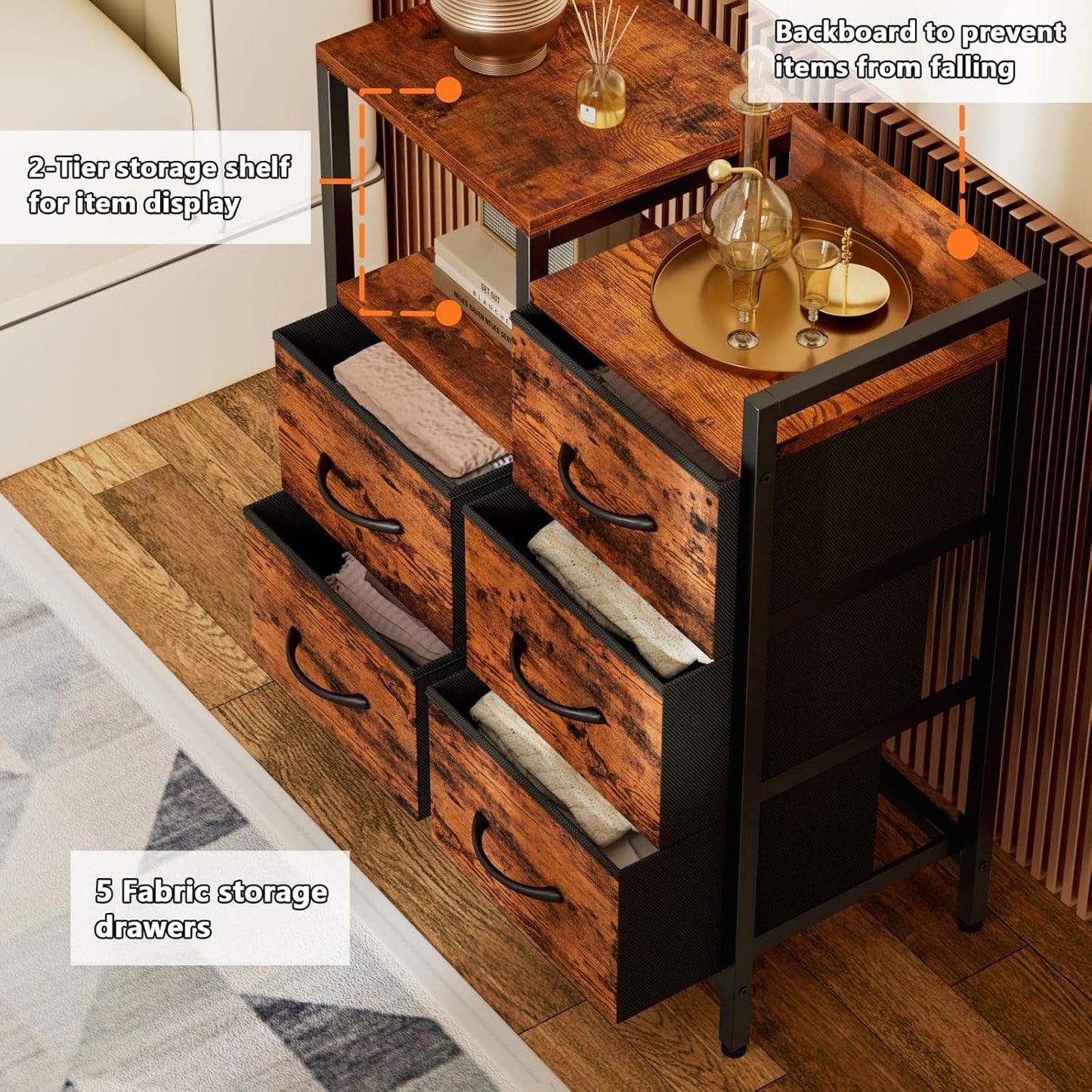 5 Drawer Rustic Brown Dresser With Metal Frame For Bedroom