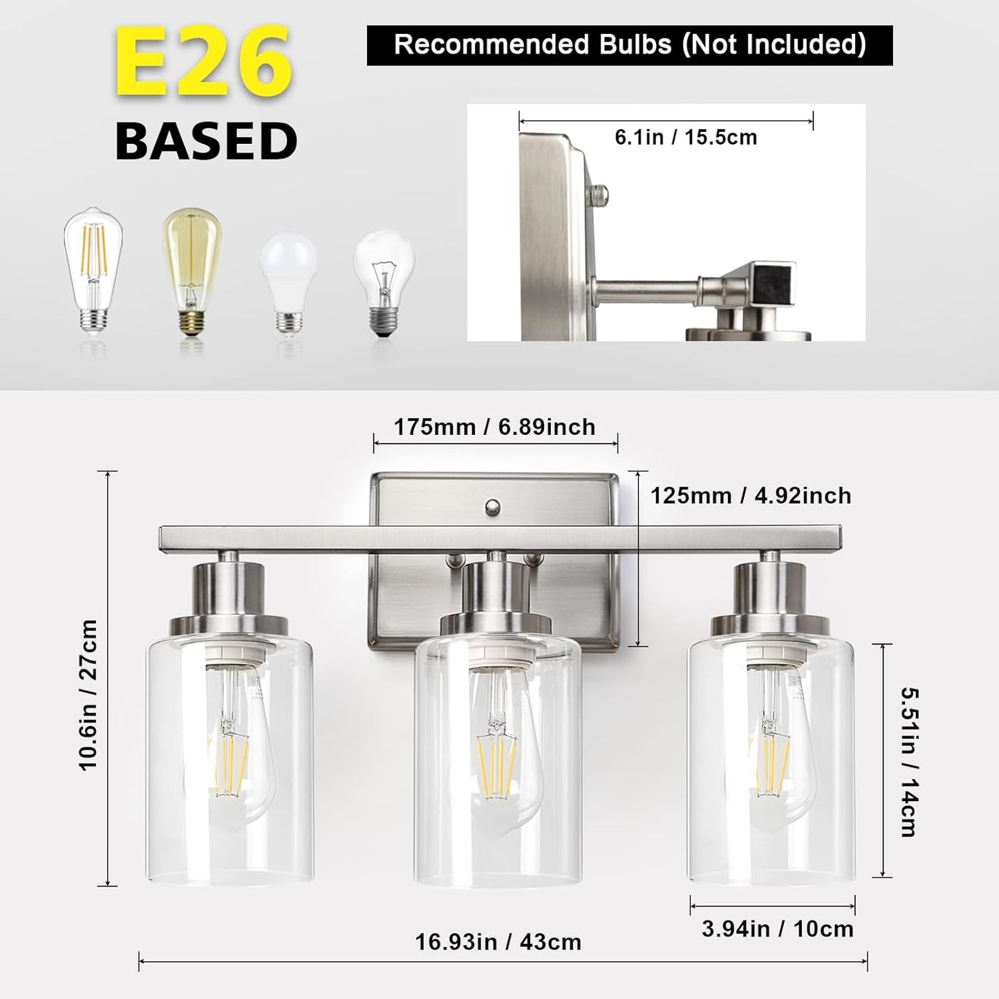 3 Light Brushed Nickel Vanity Light Fixture For Bathroom