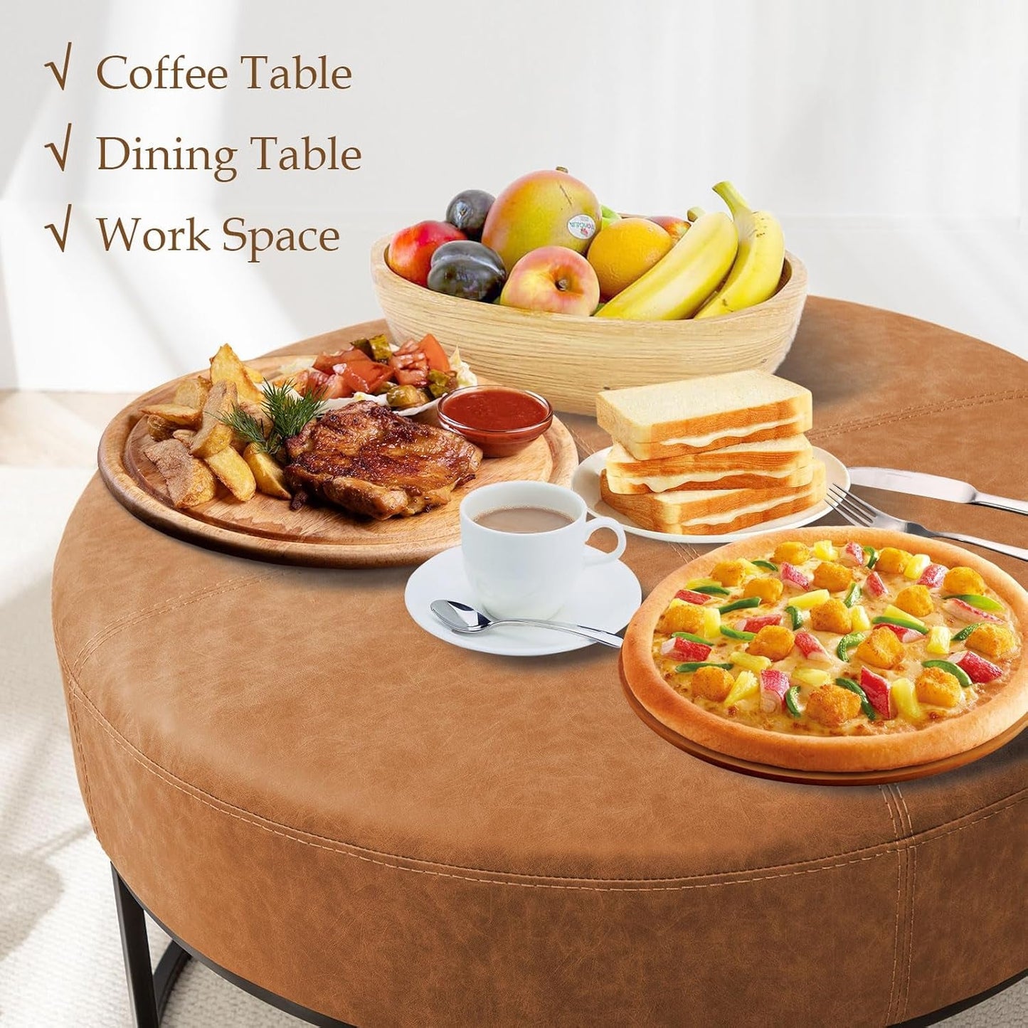 Round Leatherette Upholstered Coffee Table Midnight Brown