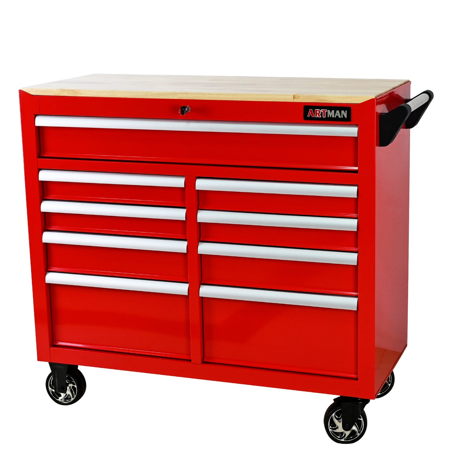 9-Drawer Multifunctional Steel Tool Cart with Wheels and Wooden Top, Red