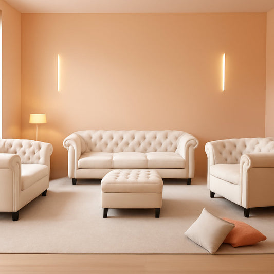 Beige Velvet Sectional Sofa Set With Button Tufting