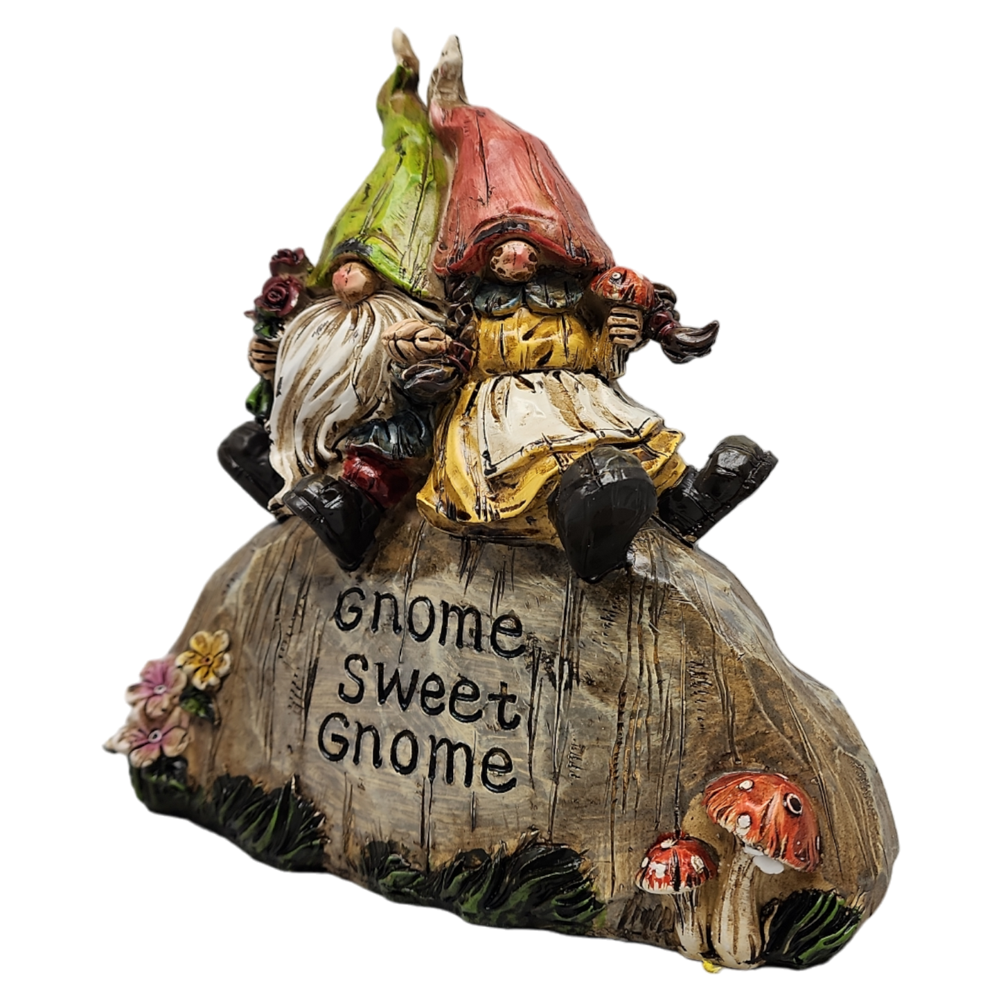 Garden Gnomes on a Rock - 8 Inch - Gnome Sweet Gnome figurine featuring two gnomes resting on a rock.