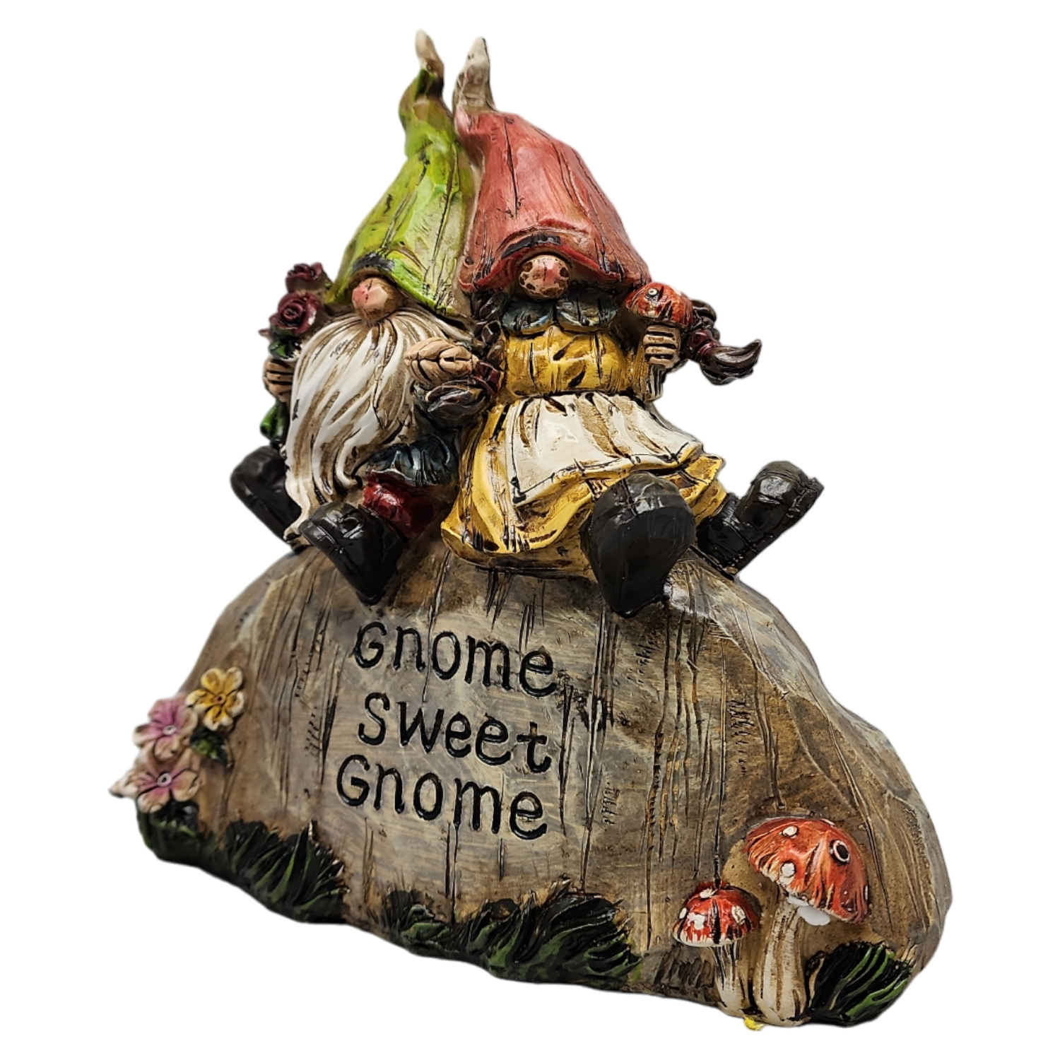Garden Gnomes on a Rock - 8 Inch - Gnome Sweet Gnome figurine featuring two gnomes resting on a rock.