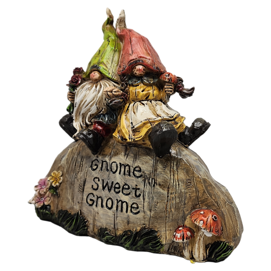 Garden Gnomes on a Rock - 8 Inch - Gnome Sweet Gnome figurine featuring two gnomes resting on a rock.