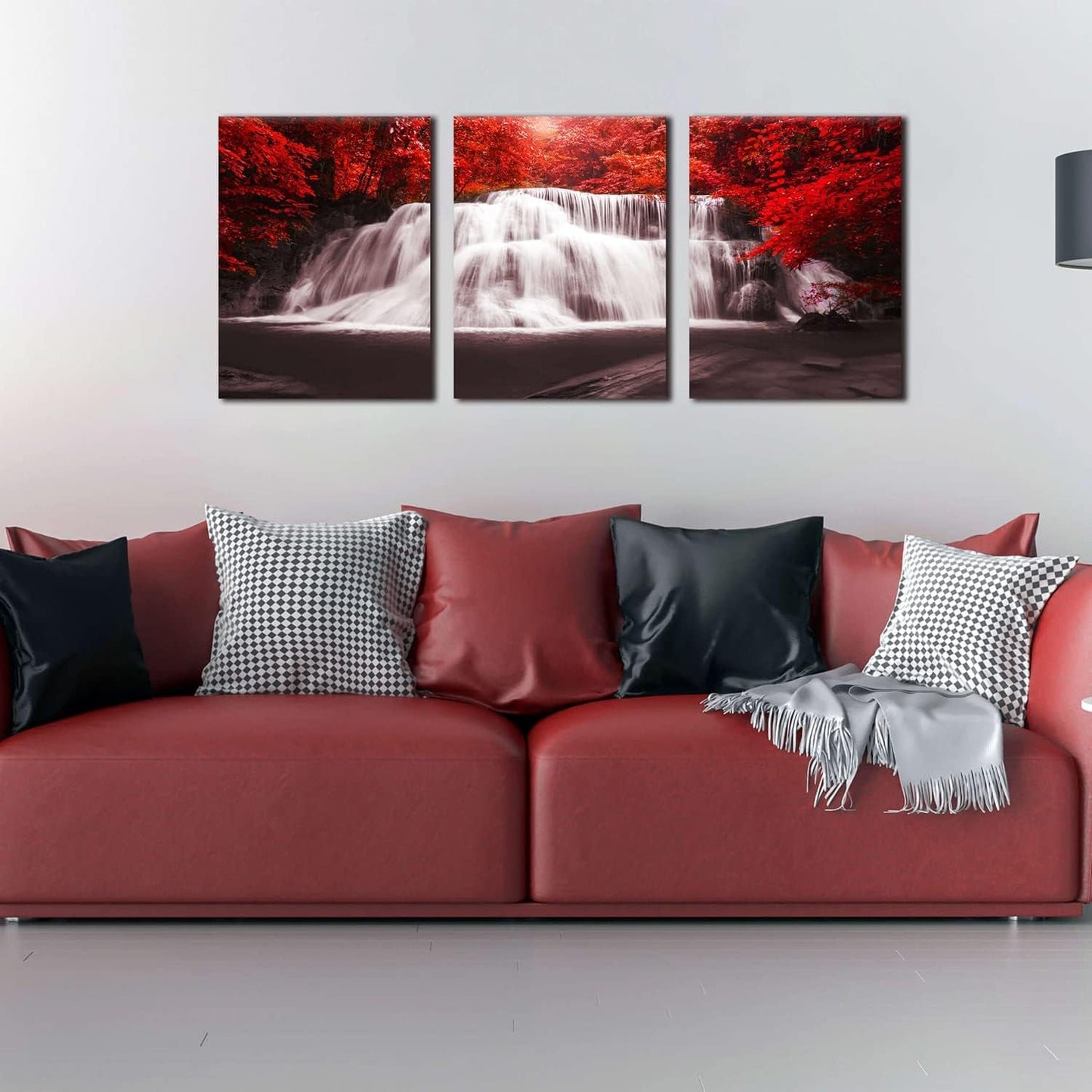 Stunning 3-Piece Canvas Wall Art - Black, White, and Red Waterfall Landscape with Red Trees, Perfect for Home or Office Décor (12x16 inches each)