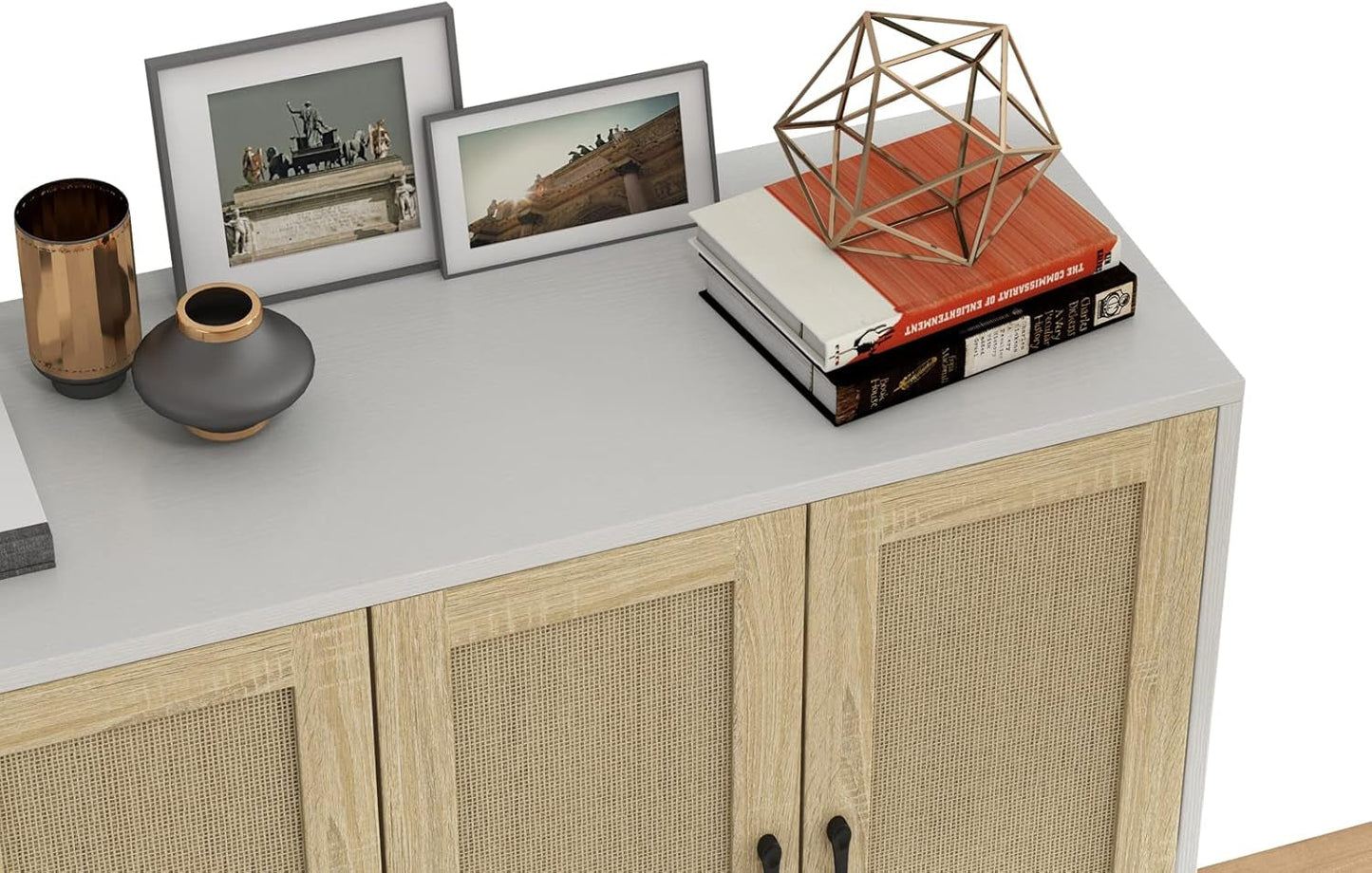 Buffet Storage Cabinet White Rattan Decor 4 Doors 48 Inch