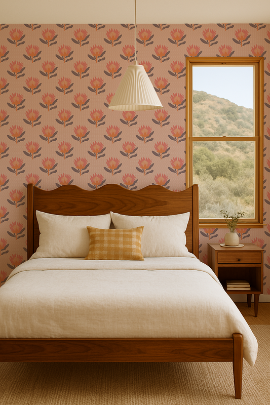 King Protea Wallpaper, coral and orange