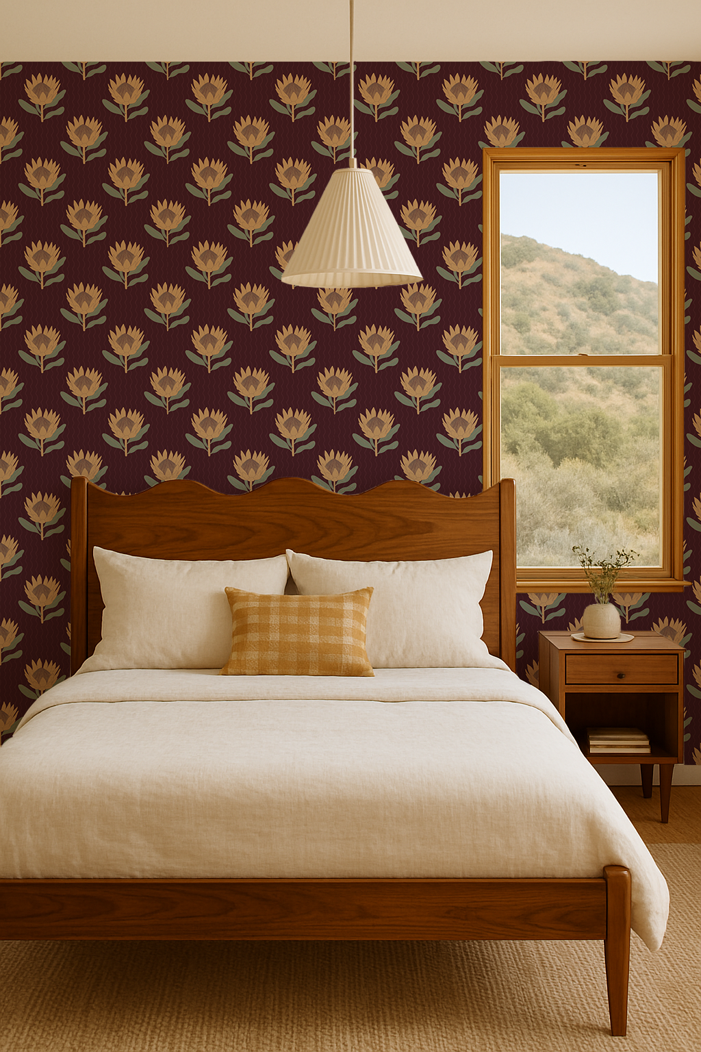 King Protea Wallpaper, dark plum and butter yellow