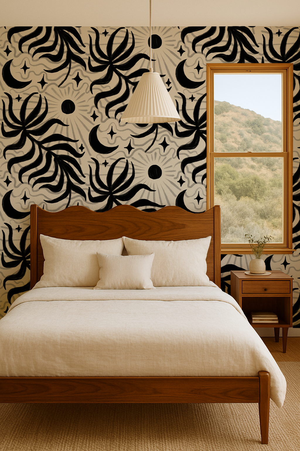 Lunar Leaf Wallpaper, beige and black