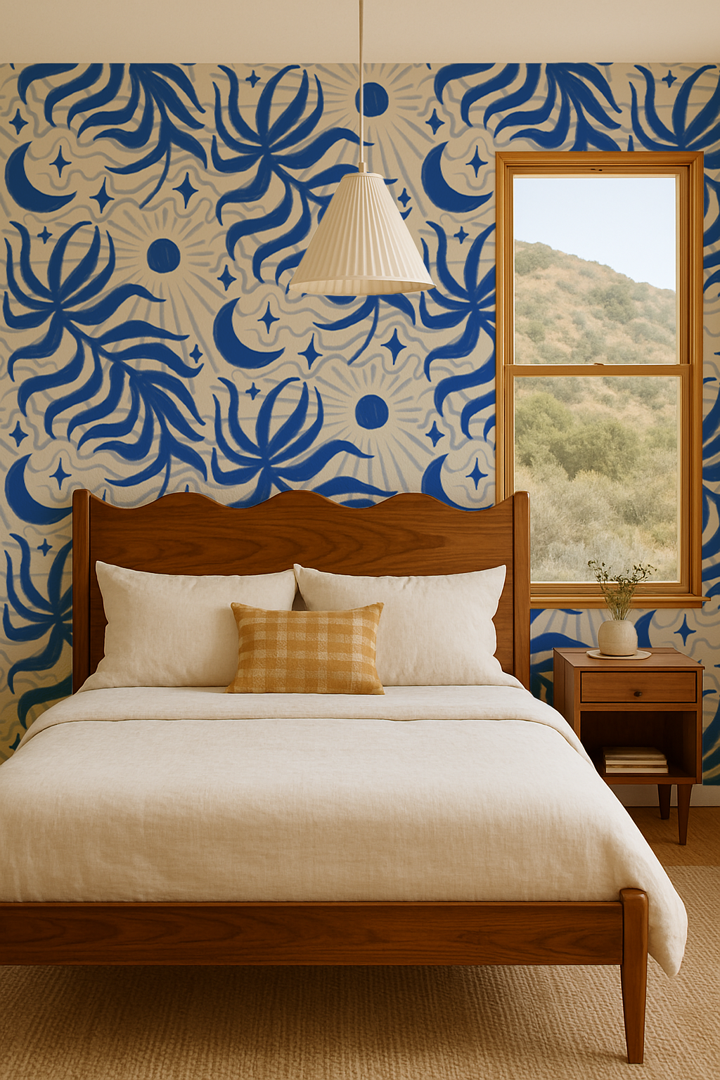 Lunar Leaf Wallpaper, beige & blue