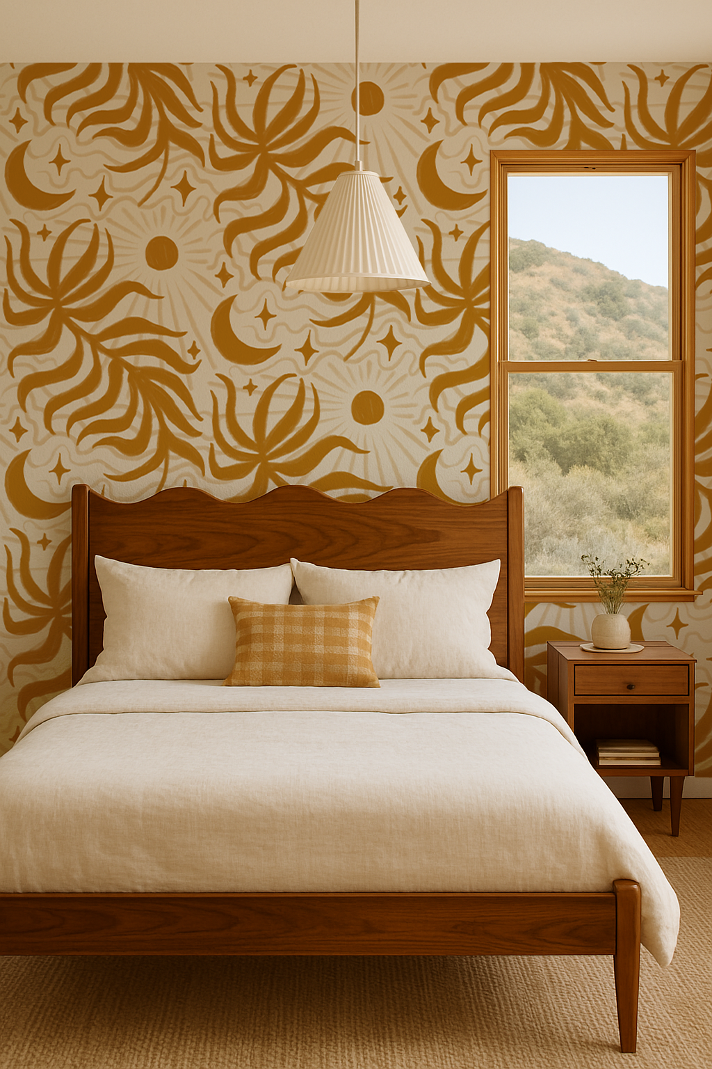 Lunar Leaf Wallpaper, beige and mustard